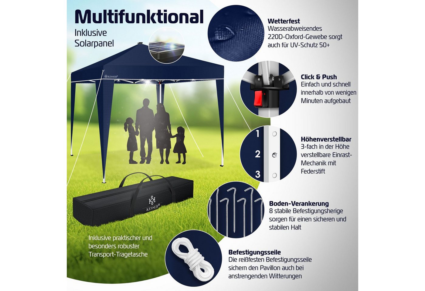 Thumbnail - KESSER Pavillon, Faltpavillon 3x3m mit LED Beleuchtung Solar Fernbedienung