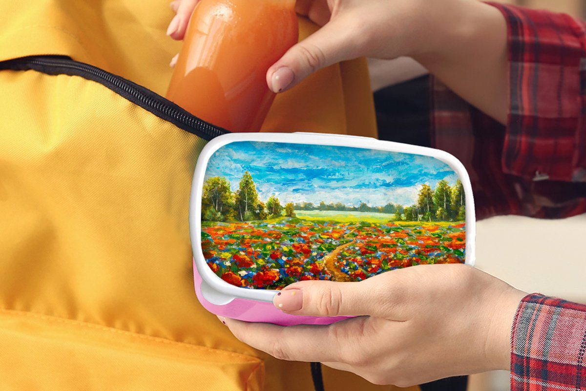 MuchoWow Lunchbox Malerei - Mädchen, Kunststoff, für Brotdose Natur, Blumen Kunststoff - Brotbox Ölfarbe (2-tlg), Erwachsene, - Snackbox, Kinder, rosa