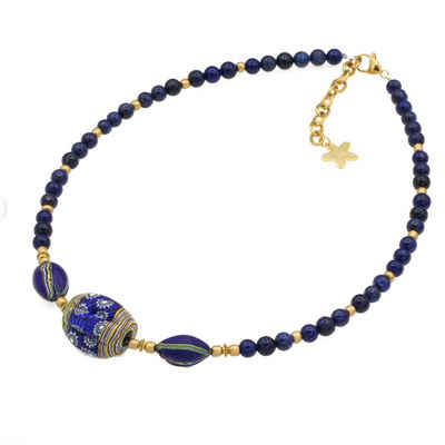 Bella Carina Perlenkette Kette mit Murano Glas Mosaik Perlen und Lapislazuli blau gold, Murano Glas
