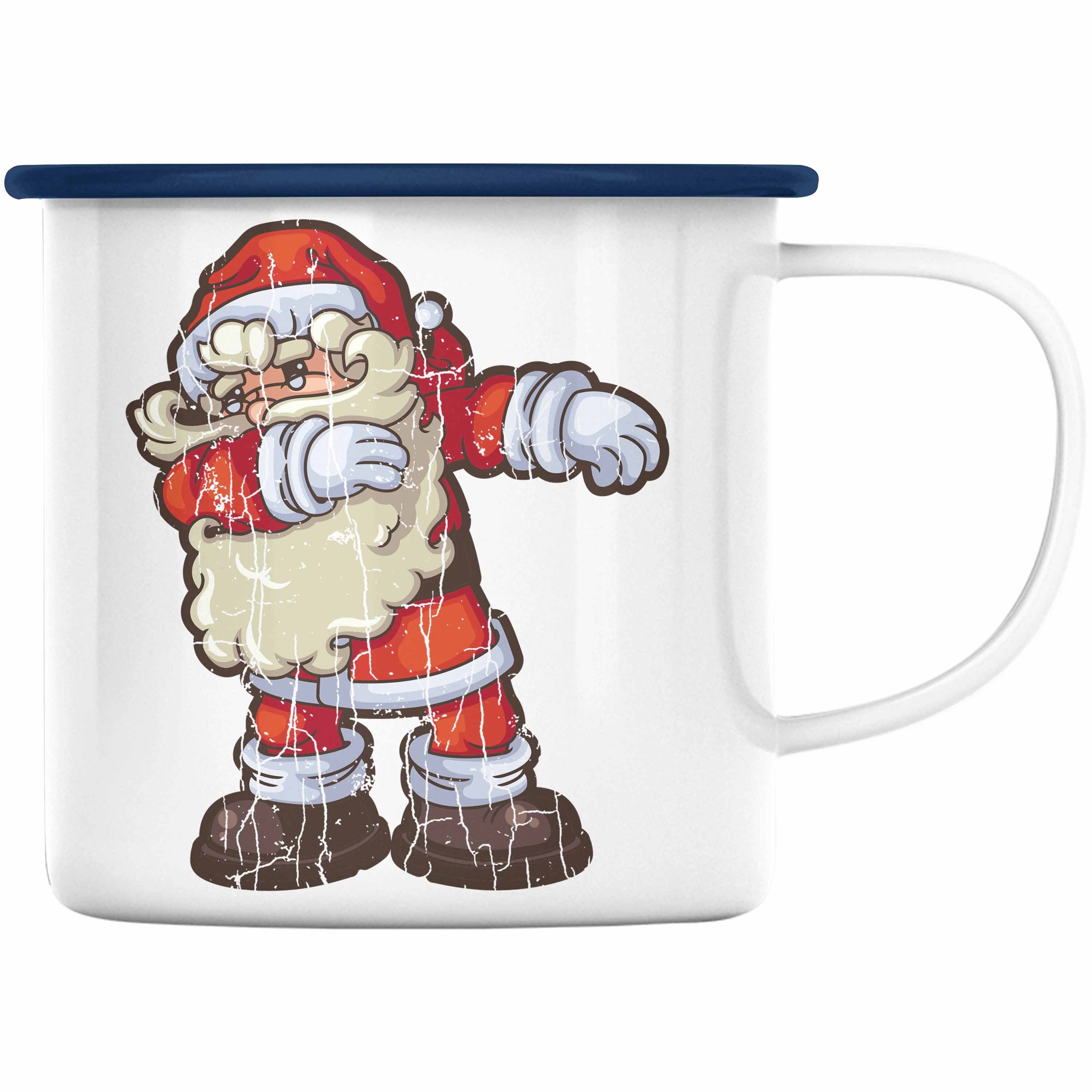 Trendation Thermotasse Trendation - Weihnachten Emaille Tasse Weihnachtsmann für Kinder WeihnachtsEmaille Tasse Lustig Geschenk Becher Jungs Jungen Mädchen Cute Grafik Blau