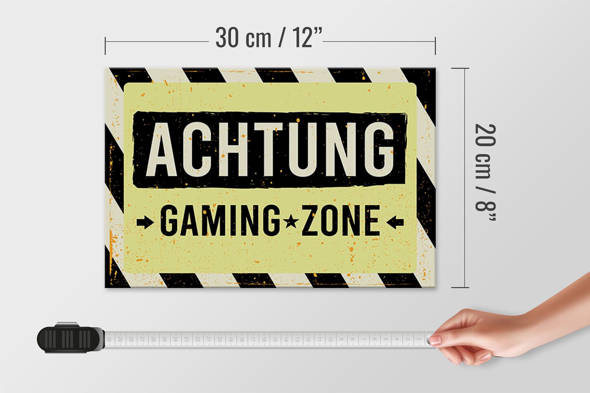 Femer GmbH Holzbild Hinweis 20x30 cm Achtung gaming zone, (1 St), Glatte Holzfaserplatte (MDF), vorn beschichtet