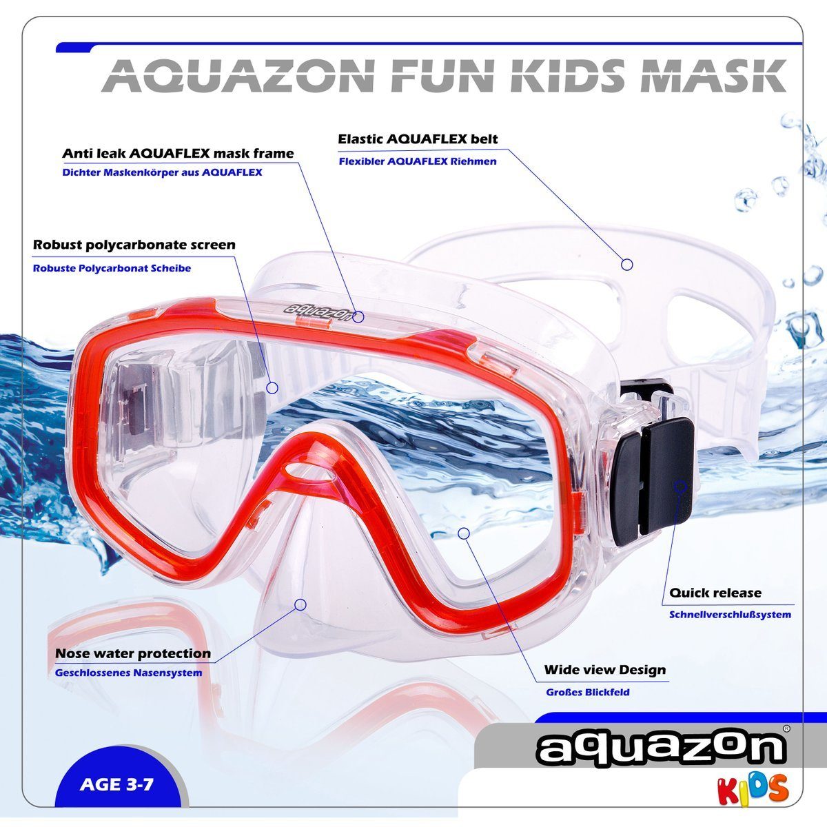 AQUAZON Taucherbrille FUN Schnorchelset, 3-7 Jahren Kinder Schnorchel, transparent mit von rot