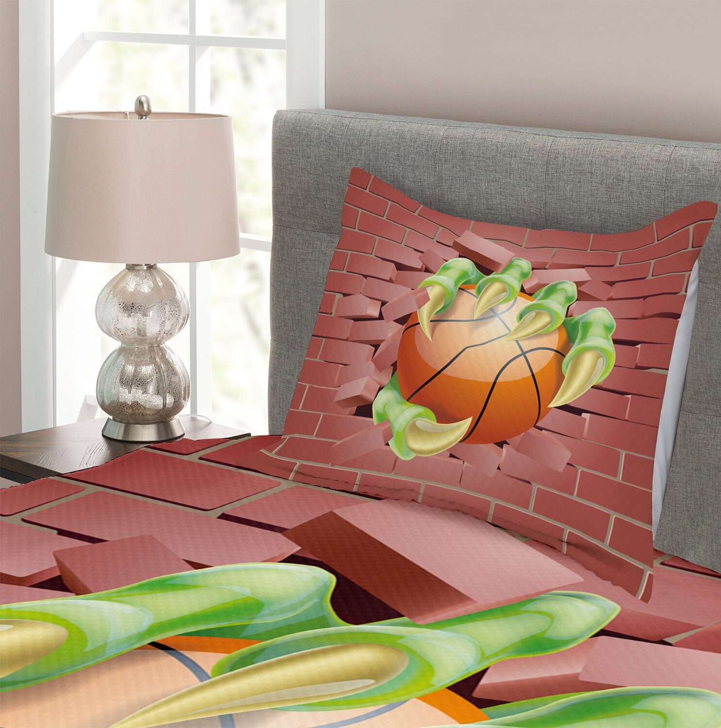 Tagesdecke Set mit Kissenbezügen Abakuhaus, Waschbar, Basketball-Cartoon rot