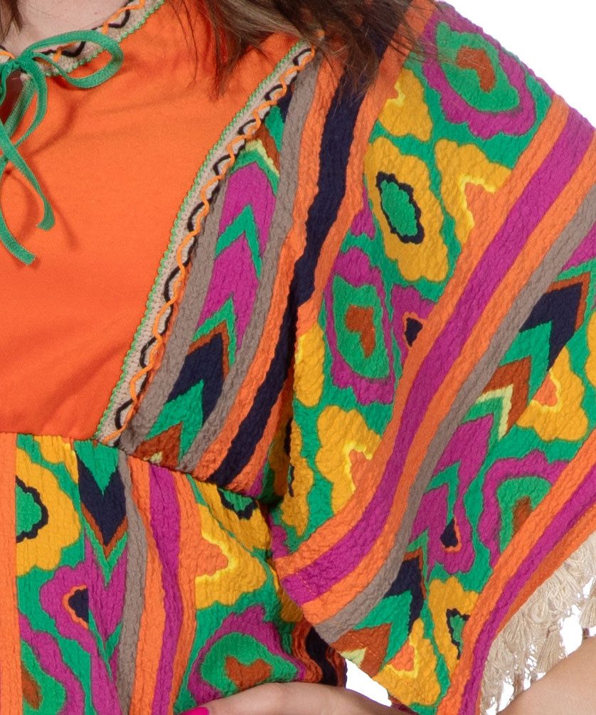 Karneval-Klamotten Hippie-Kostüm Hippie Damen Plus Size 60er Jahre lang orange bunt, Flower Power Damenkostüm hochwertig große Größen mit Blumen Fasching