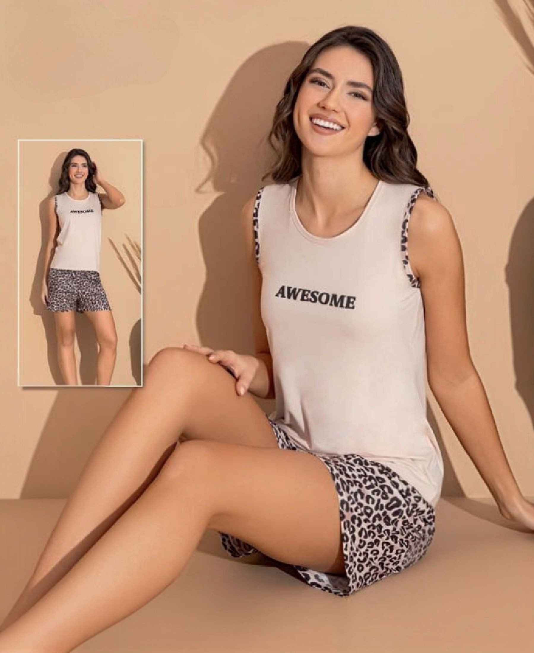 fashionshowcase Pyjama Damen Hausanzug – Sommerlicher Schlafanzug Shorts & Shirt, 4 Designs (2 tlg., 2-teiliges Set) Print auf dem Oberteil, verschiedene Muster auf den Shorts