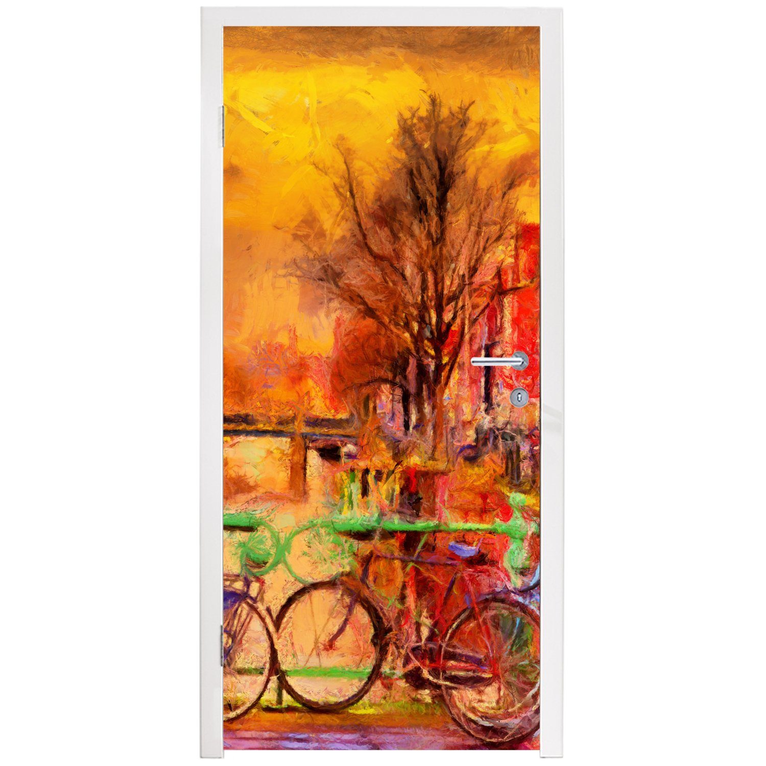 - Amsterdam Öl, Gemälde - cm (1 für MuchoWow Gracht Fahrrad - Tür, Fototapete Matt, - 75x205 Türaufkleber, St), bedruckt, Türtapete