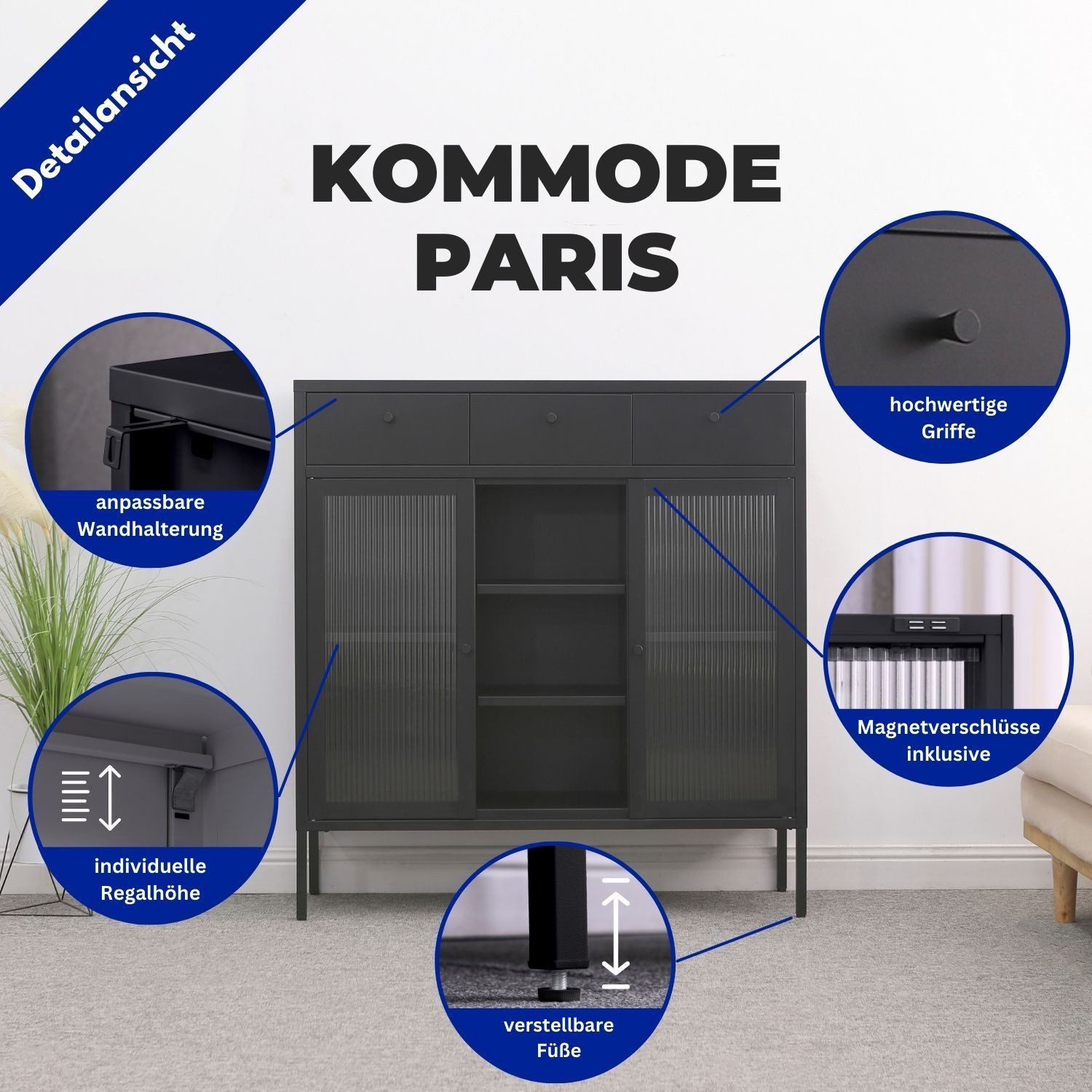 Mein-Regal Highboard PARIS, Schwarz, Kommode Regal Metall Breite 105 cm 2 Glastüren 3 Schubladen
