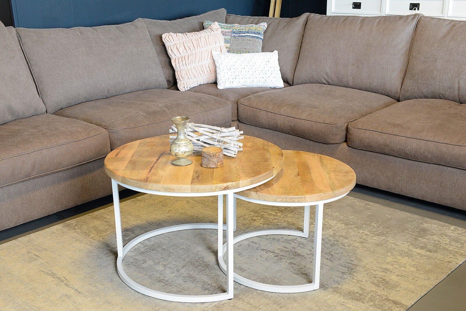 Couchtisch 2er Set Couchtisch Mangoholz rund Metall Mango Satztische Weiß Natur