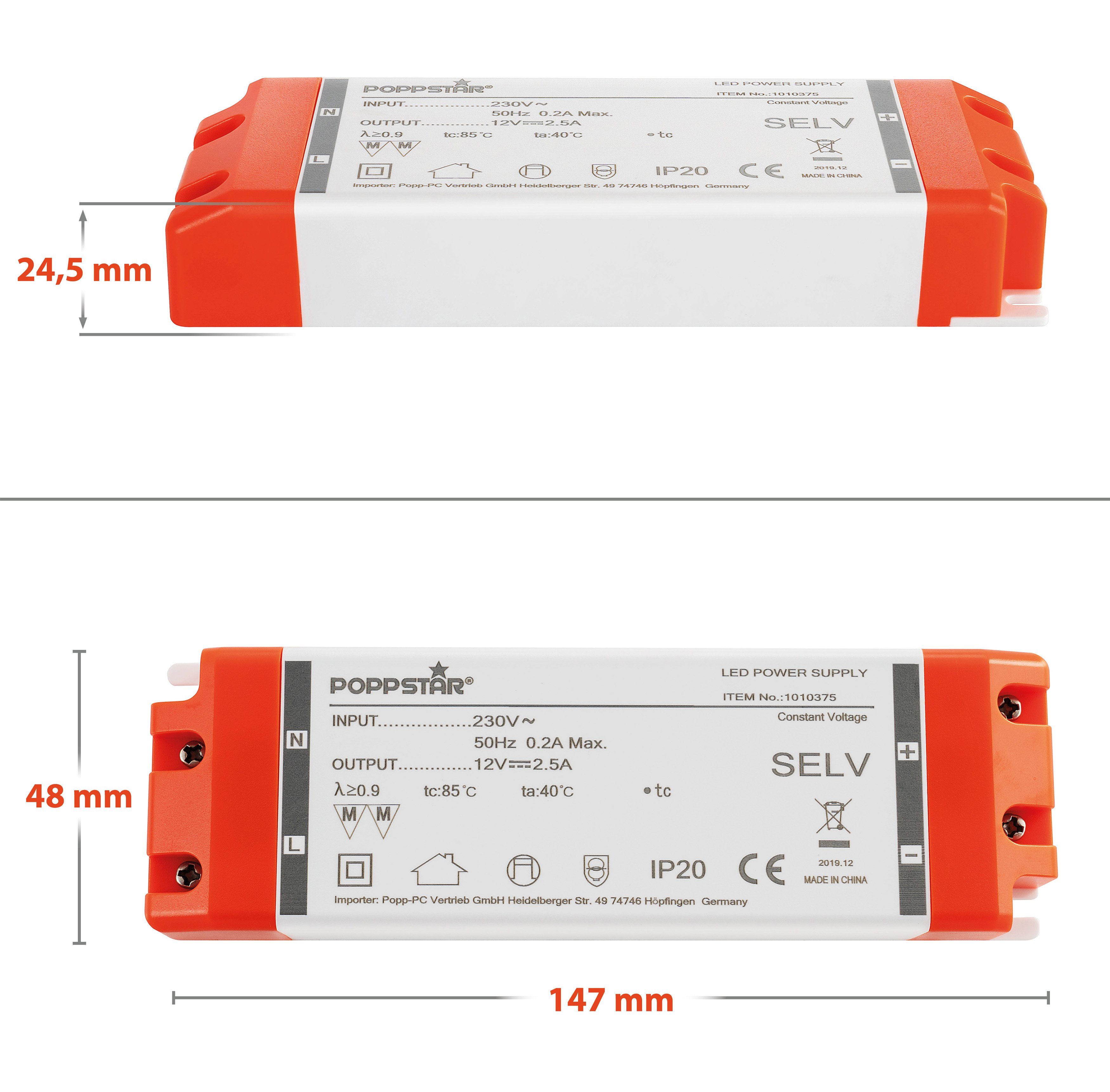 12V bis Poppstar LED / LEDs) (für 2,5A Watt 230V Trafo 0,3 Transformator 30 DC AC LED