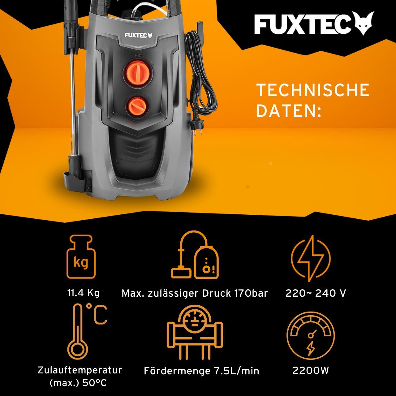 FUXTEC Hochdruckreiniger FX-HDR2200, 1,8 W, Druck max: 170 bar, 2,2 W, Fördermenge max: 7.5 l/min – Bild 2 von 5