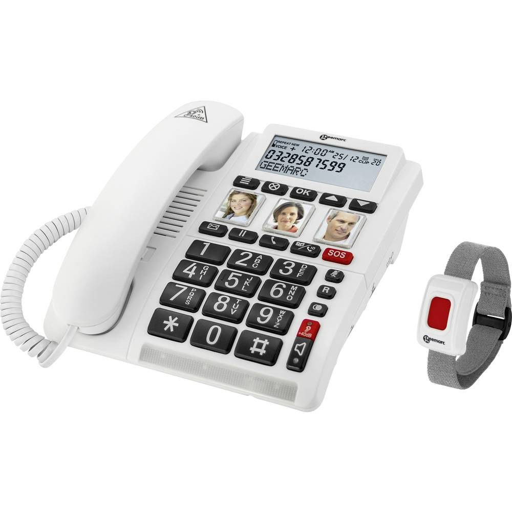 Geemarc Verstärktes Notruftelefon mit Notruf-Armband CL610_WH_VDE Seniorentelefon (Foto-Tasten, Freisprechen, für Hörgeräte kompatibel)