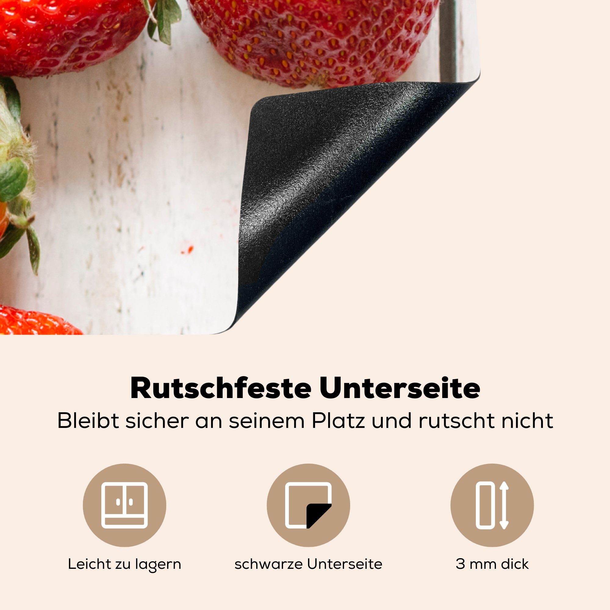 78x78 Herdblende-/Abdeckplatte Obst küche Arbeitsplatte für MuchoWow tlg), Vinyl, - (1 Ceranfeldabdeckung, Erdbeere - cm, Tisch,