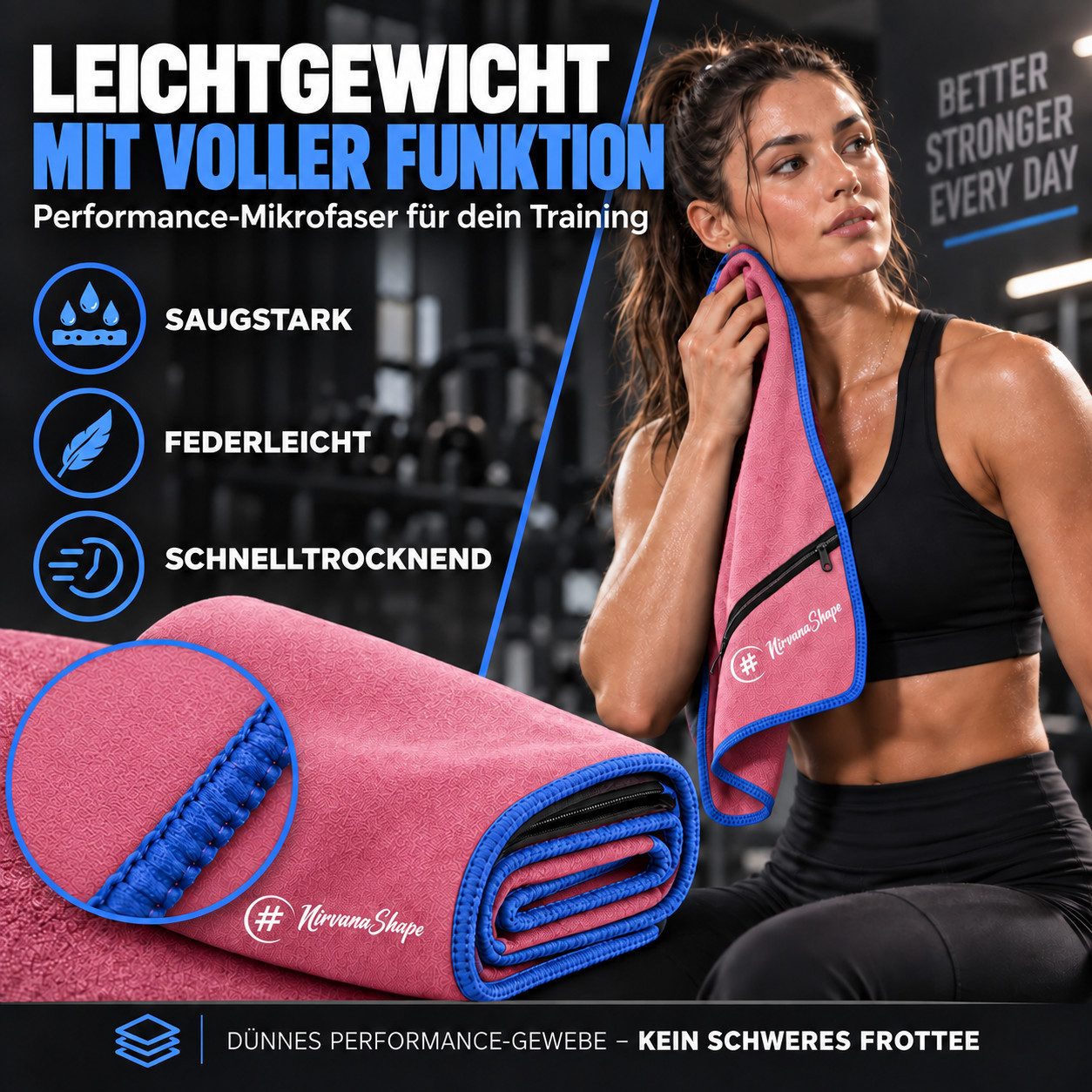NirvanaShape Sporthandtuch NirvanaShape Mikrofaser Fitnesshandtuch mit Ecktasche und Knöpfen, saugfähig, leicht, schnelltrocknend, für Reisen, Fitness, Yoga, Sa – Bild 2 von 5