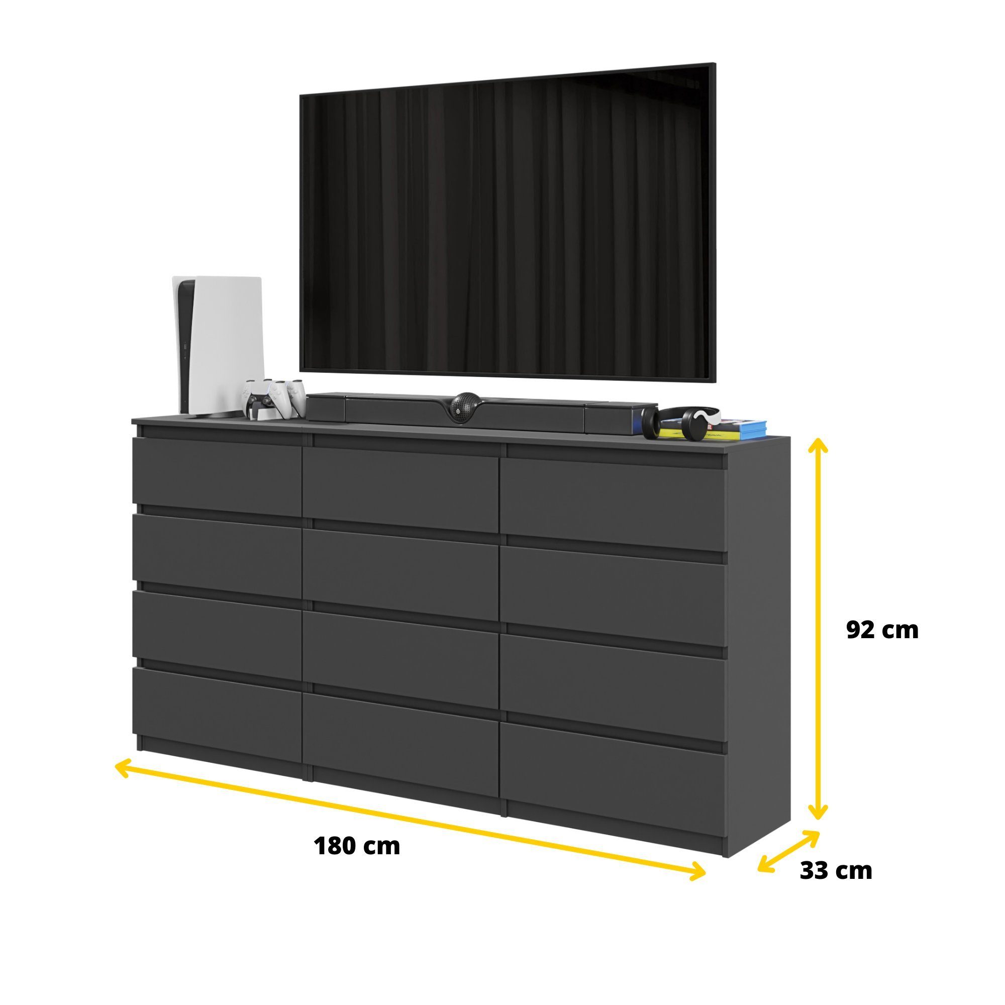 Furnica Kommode GABRIEL 8+4 Schubladen-Anthrazit Grau H92cm B180cm T33cm – Bild 2 von 5