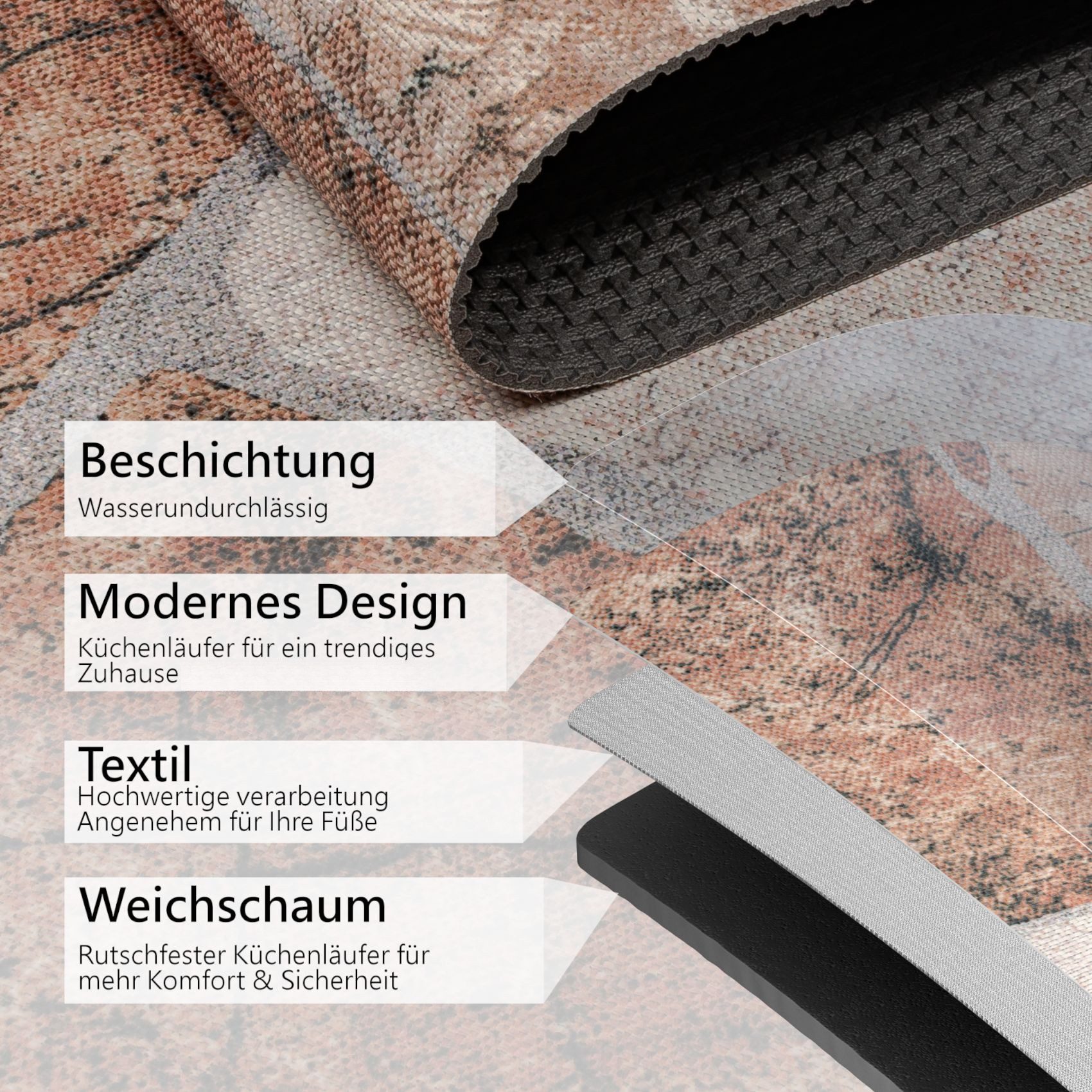 ANRO Küchenläufer RANNA Hochwertig Küchenteppich Teppich Textil, Eckig, Bodenläufer 100x65cm Granit Braun pflegeleicht – Bild 5 von 5