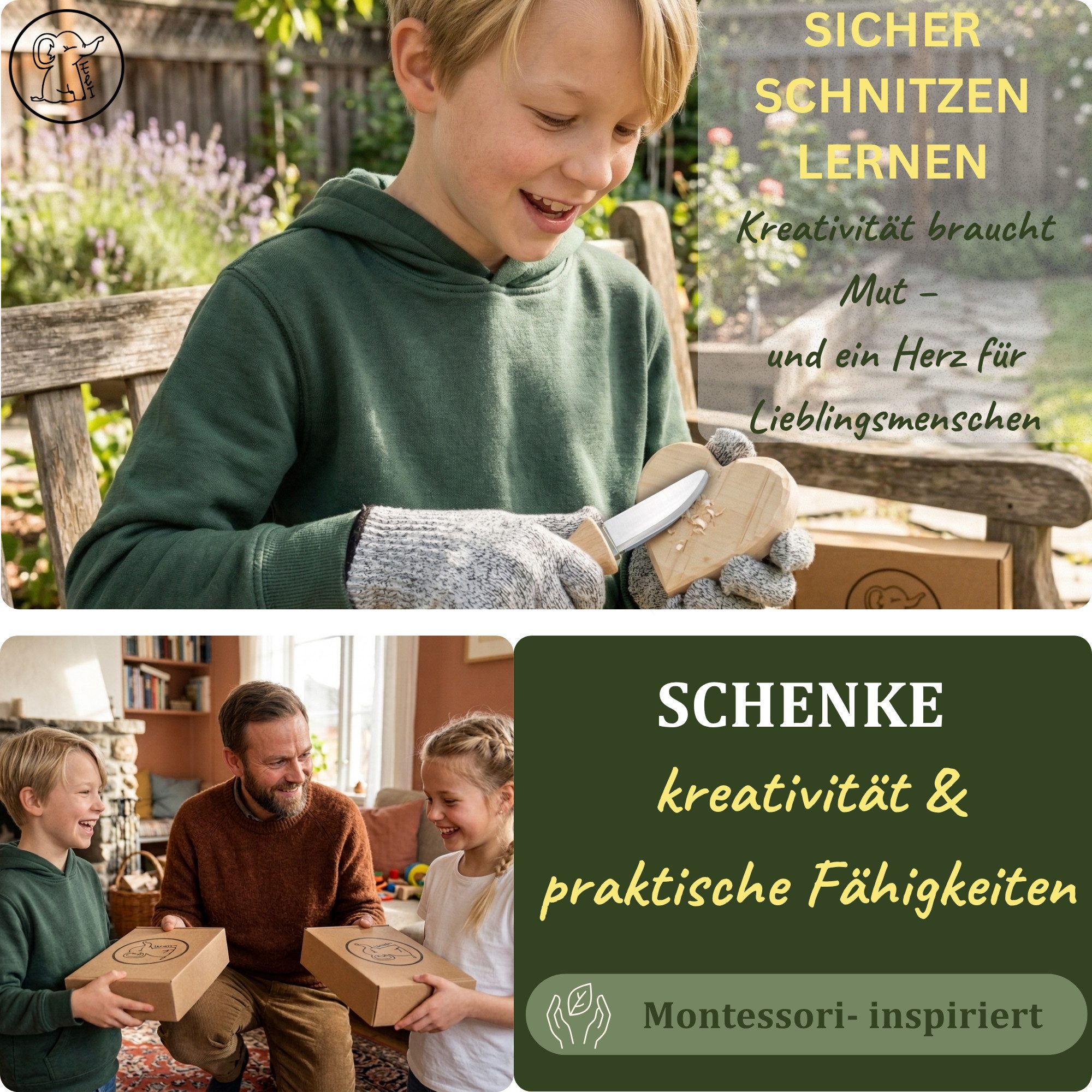 Eli Taschenmesser Schnitzmesser Kinder - inkl. Schnitzholz und Handschuhe, (Beidhändig - rostfreier Stahl - Griff aus Buchenholz, Kinderschnitzmesser - Schnitzwerkzeug - Outdoor Messer), Kindermesser - Schnitzset - Kindertaschenmesser