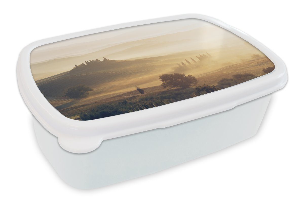 MuchoWow Lunchbox Toskana - Nebel - Sonne, Kunststoff, (2-tlg), Brotbox für Kinder und Erwachsene, Brotdose, für Jungs und Mädchen weiß