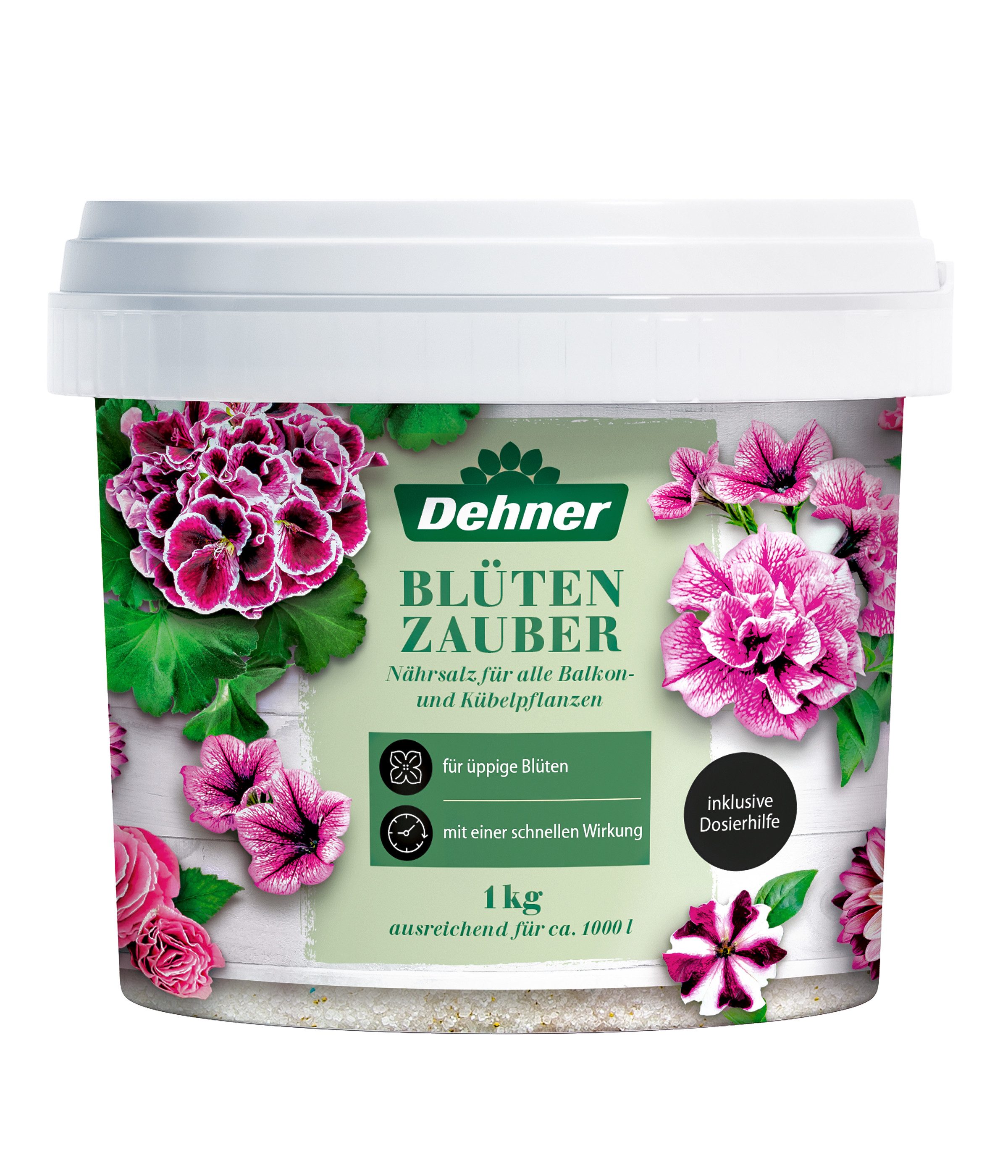 Dehner Gartendünger Blütenzauber, für Balkonpflanzen/Kübelpflanzen, 1 kg für ca. 1.000 l, 1000 l Gießwasser, Nährsalz, Spezialdünger NPK 15+10+10