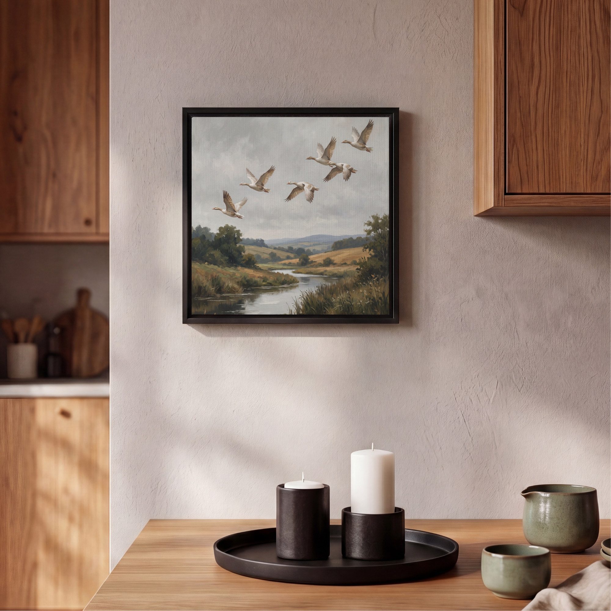 OneMillionCanvasses® Leinwandbild mit Rahmen - Enten - Fluss - Landschaft - Flug - Nostalgisch, Fotodruck (1 St), Leinwand Bilder Klein, Wand Dekoration Aesthet – Bild 2 von 5