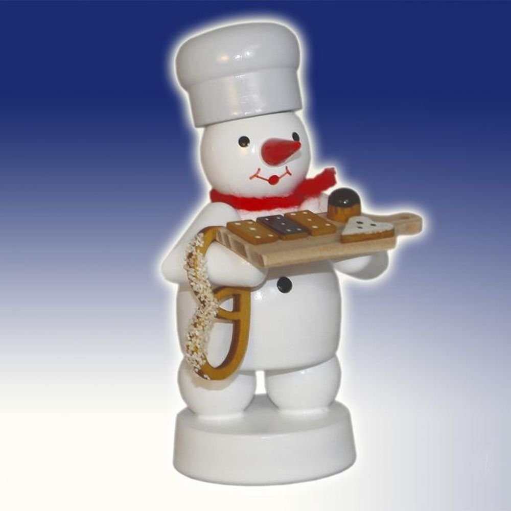 Schneemann Winterdekoration Schneemann Bäcker mit Kuchenbrett und Brezel Höhe