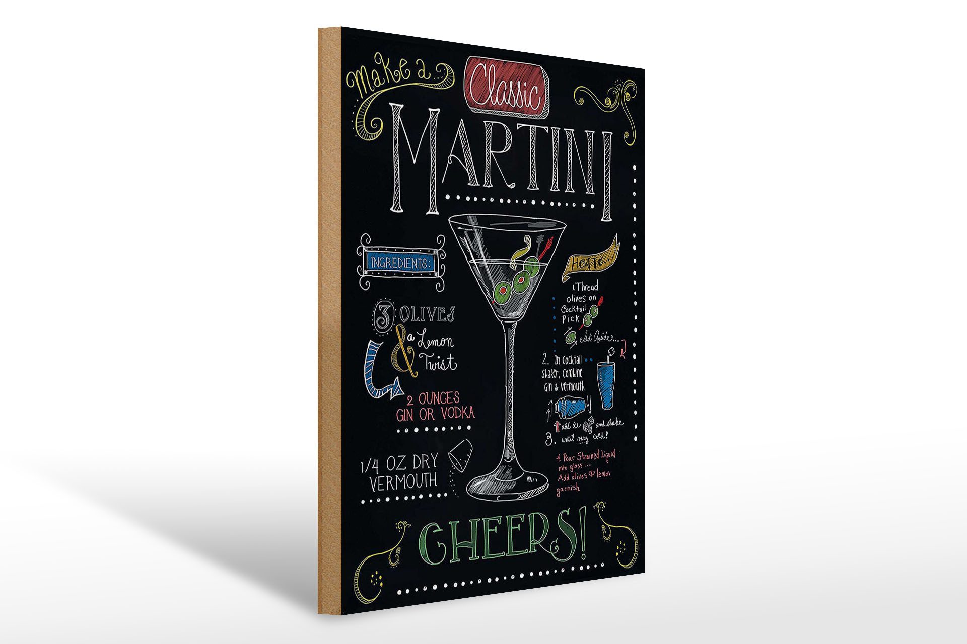 Femer GmbH Holzbild Cocktail 30x40 cm Classic Martini Rezept Tafeloptik, (1 St), Glatte Holzfaserplatte (MDF), vorn beschichtet