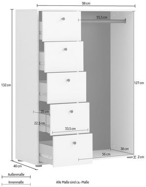 Schildmeyer Kleiderschrank Lovund, Breite 98 cm Mit 5 Schubladen und Kleiderstange