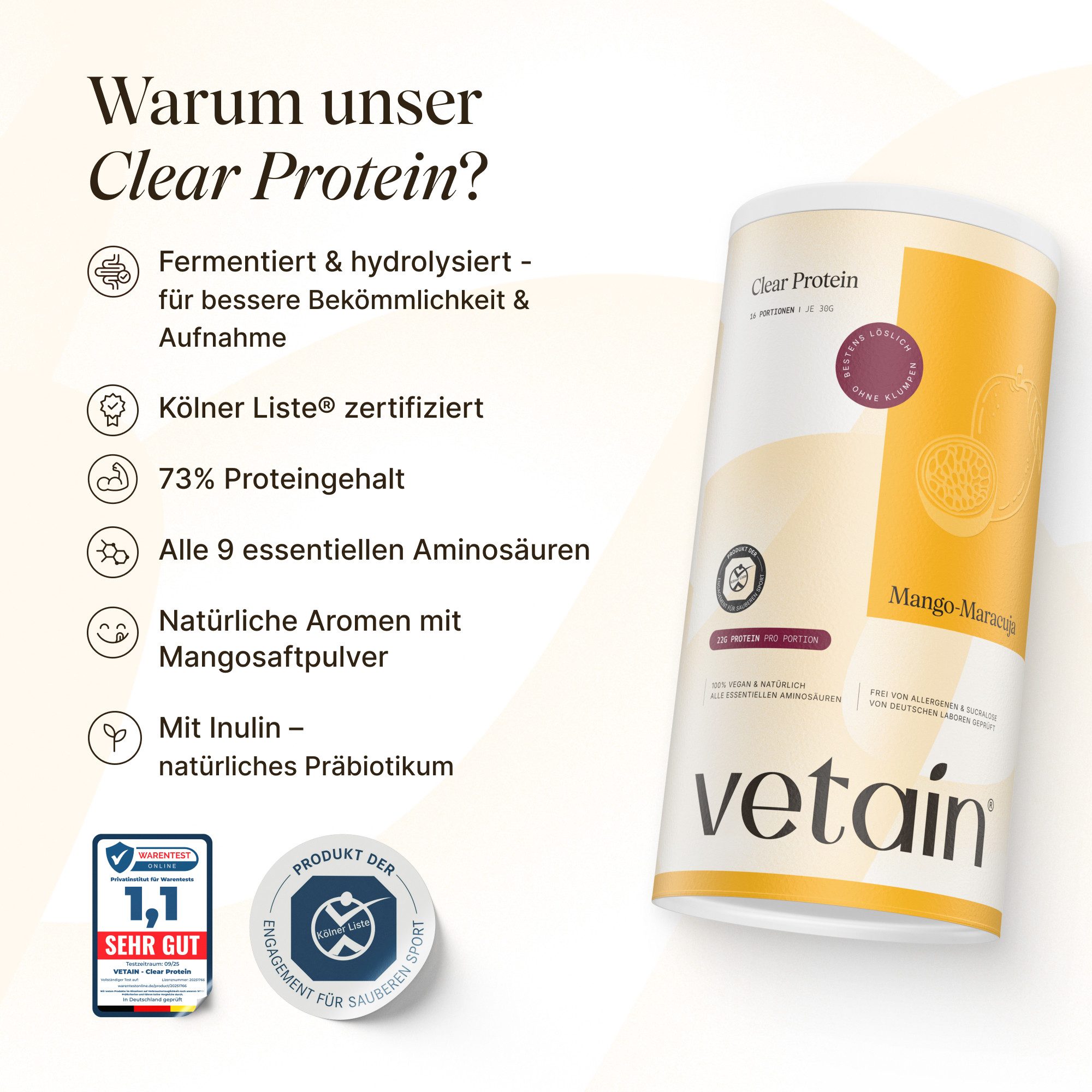 VETAIN Clear Protein Vegan - 22g Protein - ohne Sucralose - Pulver, - 480g à, Fermentiert, cleane Zutatenliste, natürliche Aromen & Fruchtpulver