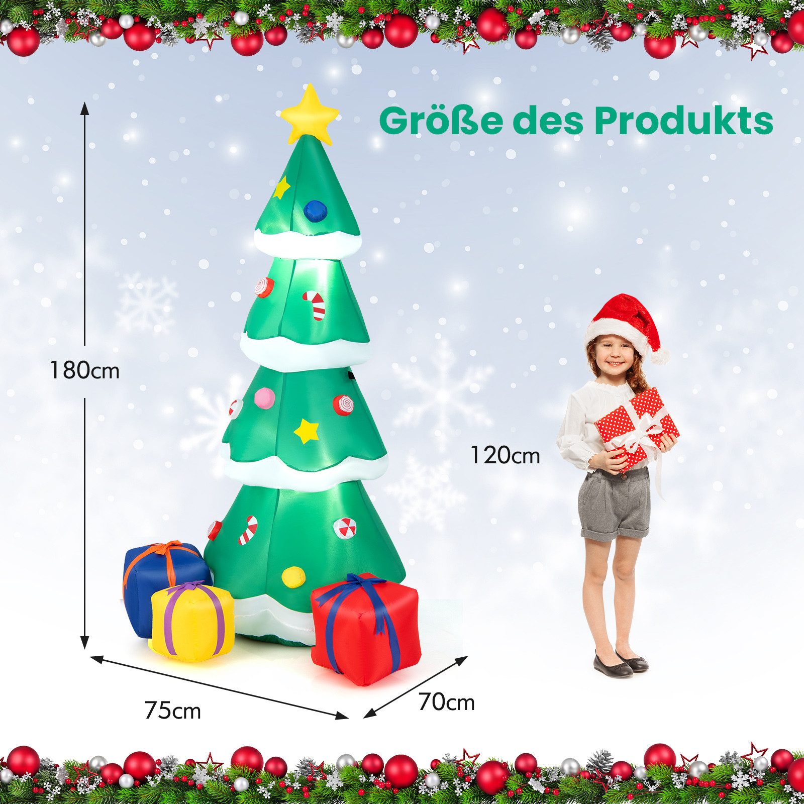 COSTWAY Weihnachtsfigur, 180cm hoch, mit LED-Leuchten & Gebläse, aufblasbar