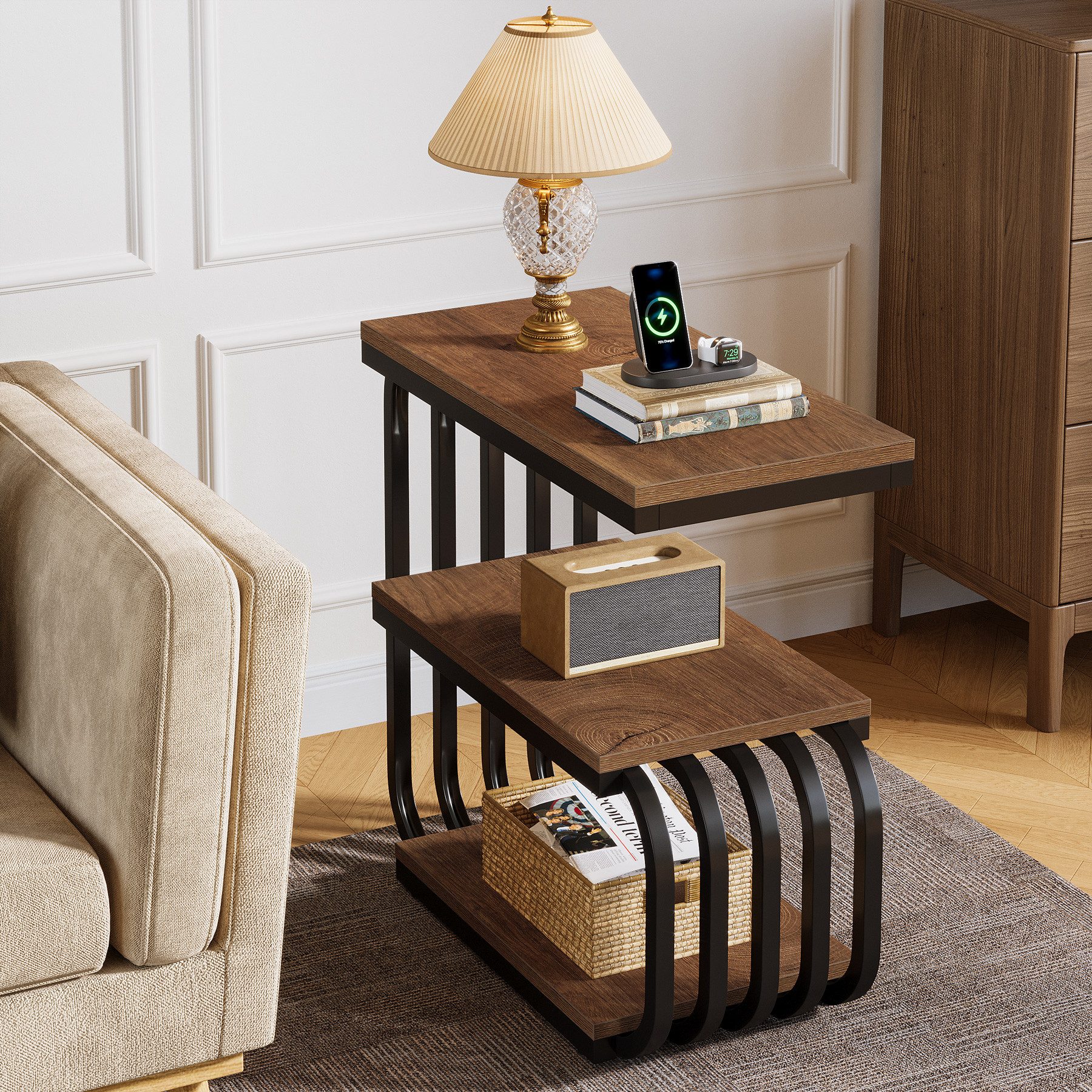 Tribesigns Beistelltisch 3 Etagen Schmaler Robuster Couchtisch mit Metallgestell und Holzplatte (Praktischer Nachttisch für Kleine Räume), Robuster Couchtisch m – Bild 4 von 5