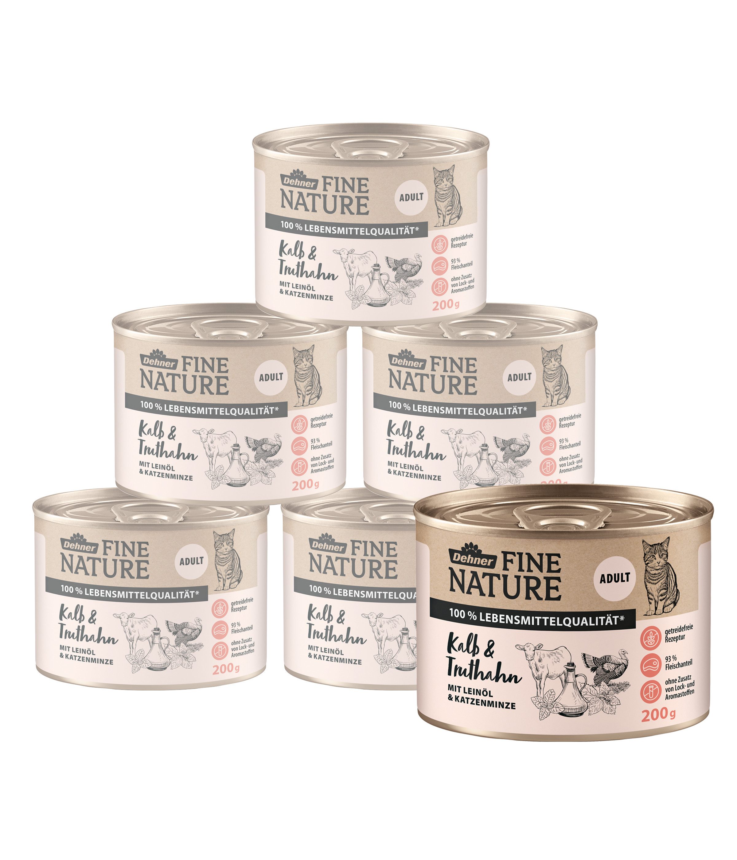 Dehner Fine Nature Adult Kalb / Truthahn / Katzenminze, 6x 200 g / 400 g Dose Truthahn, Nassfutter für: Katze, Nassfutter für ausgewachsene Katzen, getreidefrei