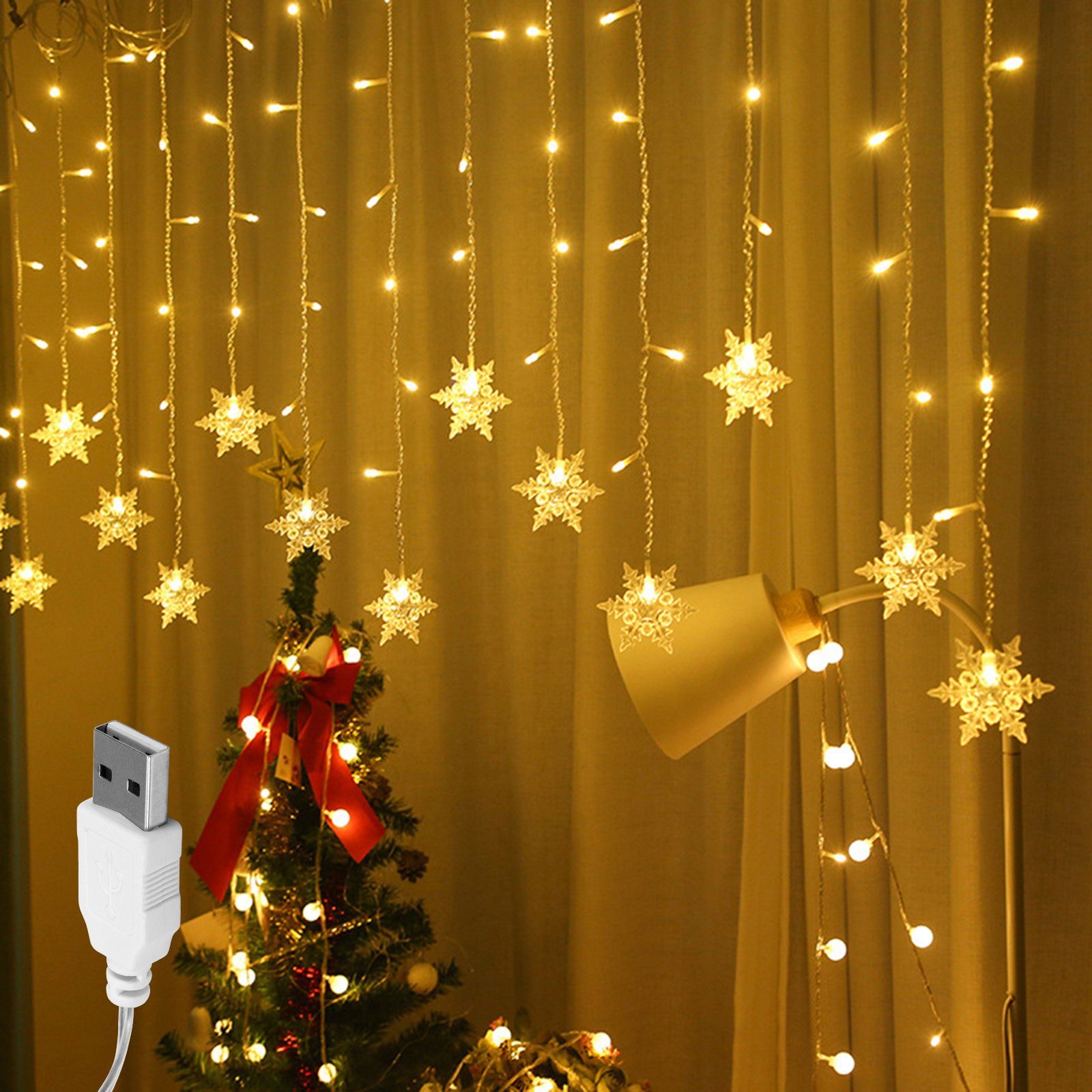 LED-Lichtervorhang 3M, 96LEDs,12 Stränge, Wasserdicht, USB, für Wand Fenster Schlafzimmer