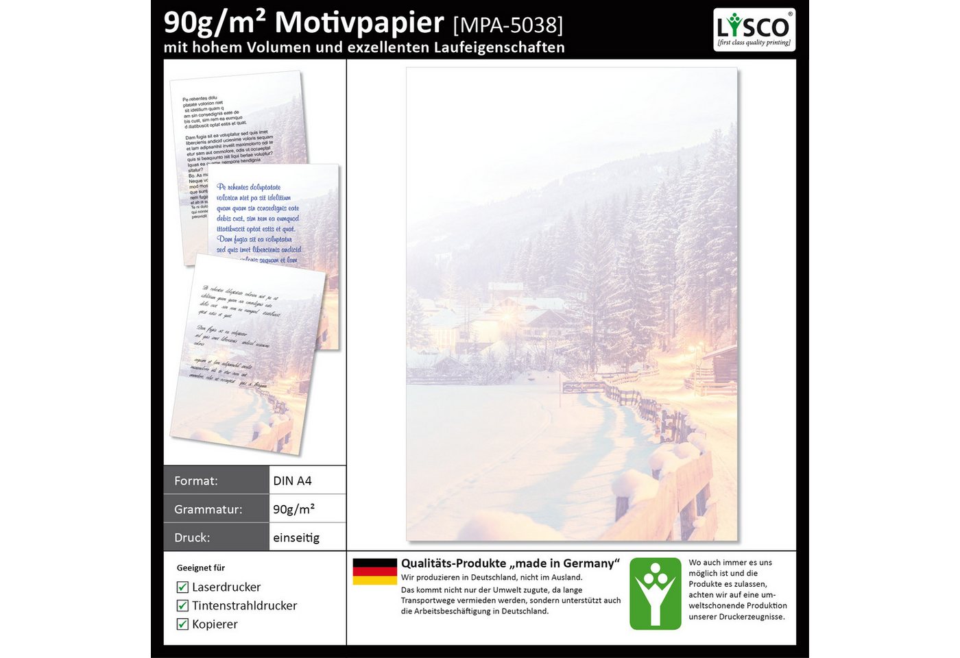 Thumbnail - LYSCO Briefpapier Motivpapier Winterzauber Ski und Schnee DIN A4, gut beschreibbar, winterliches Flair, für alle Drucker...