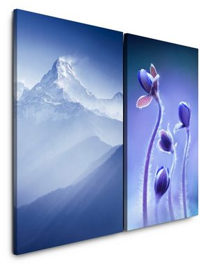 Sinus Art Leinwandbild 2 Bilder je 60x90cm Berggipfel Schnee Blau Himalaya Blumen Berg Wind