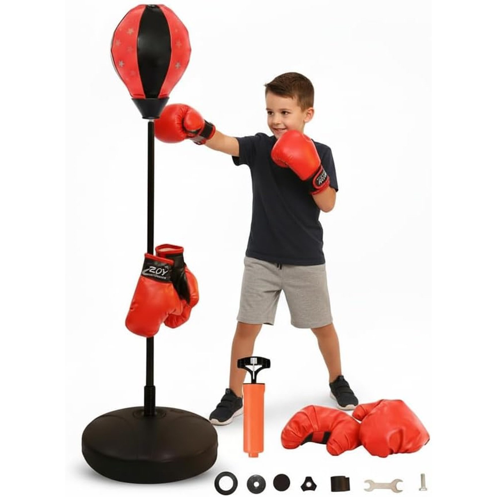 Mucola Standboxball Standboxsack für Kinder – höhenverstellbar, Standfuß & Boxhandschuhen (Trainingsset, 1-tlg., 4-teiliges Set), Höhenverstellbar, federnder Boxball, Standfuß, Boxhandschuhe