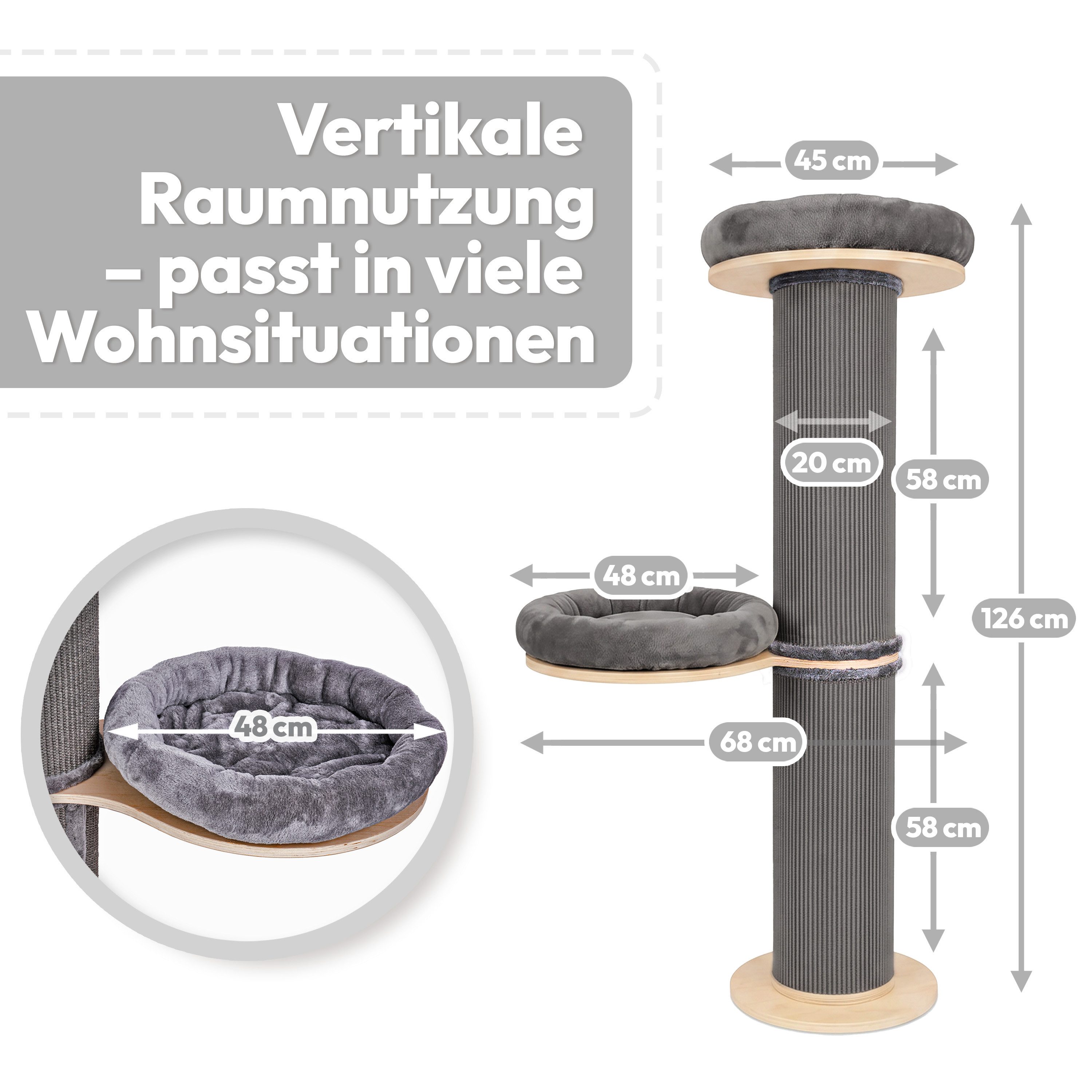 PET VIOLET Kratzbaum wandmontiert 185 cm hoch, XXL Katzenbaum I Premium Sisal Säulen, Kissen abnehmbar & waschbar, Premium Sisal, XXL Katzenbaum126 cm hoch