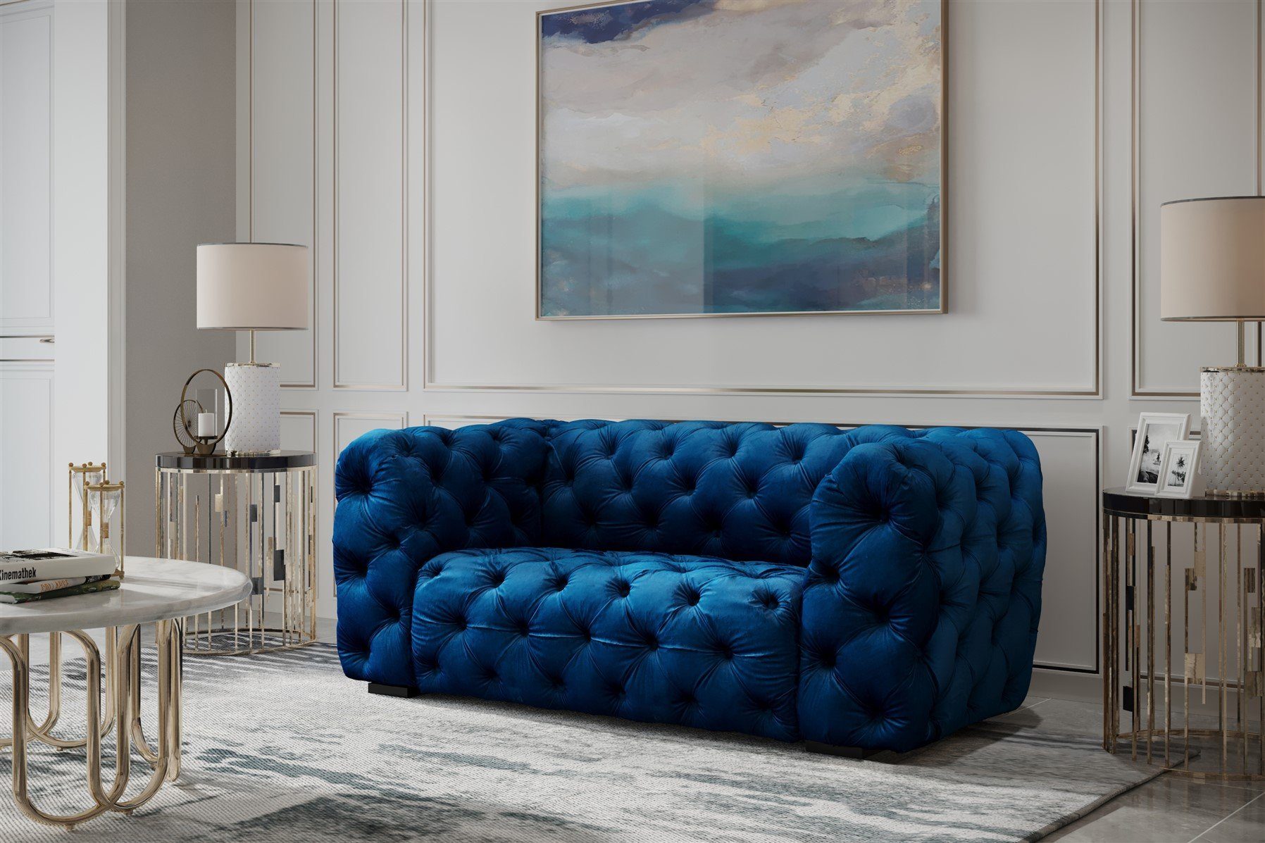 Fun Möbel Sofa Sofa Designer-Sofa NATALIE 2-Sitzer in Stoff, 1 Teile, Rundumbezug Blau