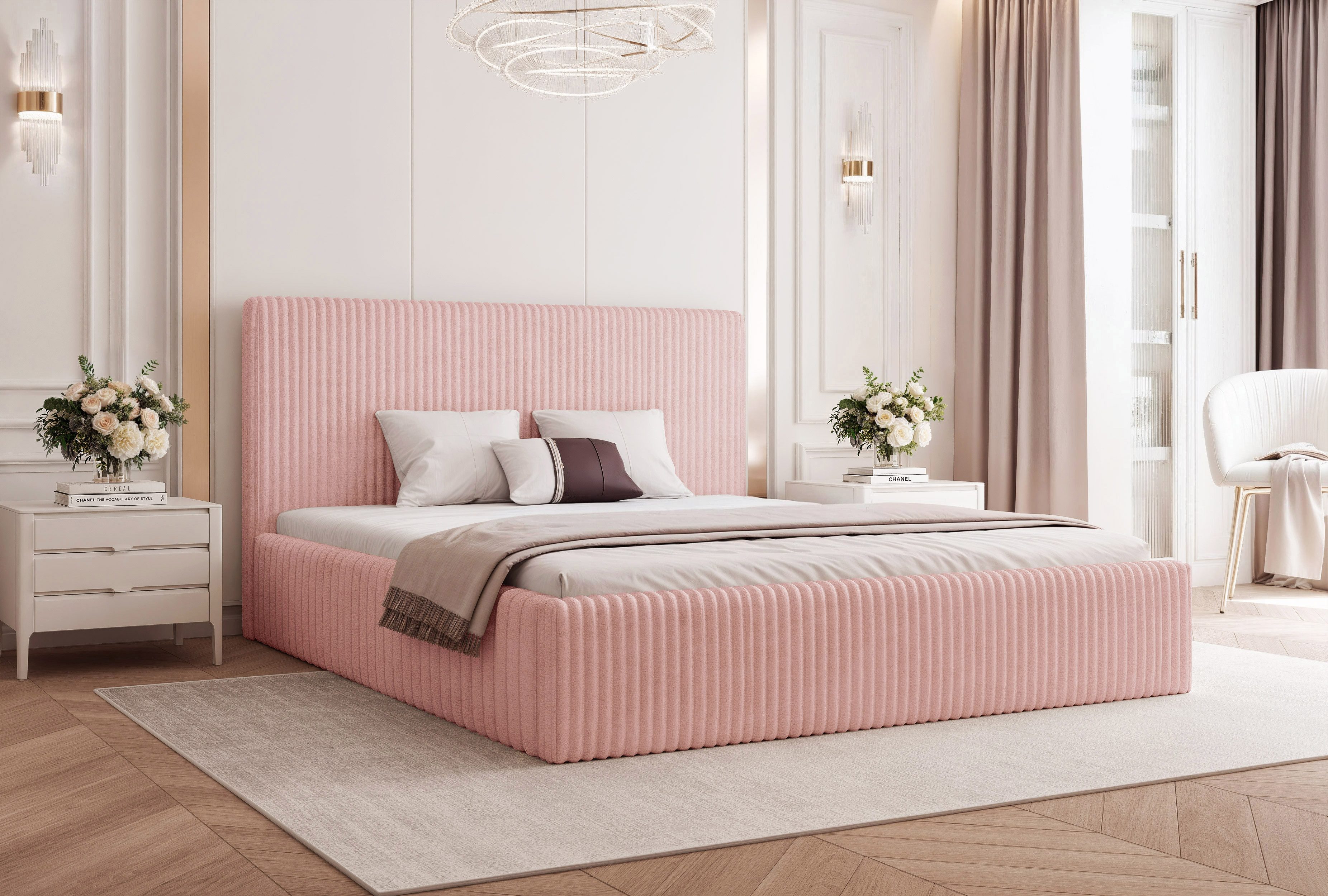 Goldstoff Polsterbett Modernes Bett "LUMINA" mit großem Stauraum und gepolstertem Rahmen (120–200x200 cm, Kopfteilhöhe 70/110 cm), Elegantes Stauraumbett mit gepolstertem Kopfteil und Holzrahmen