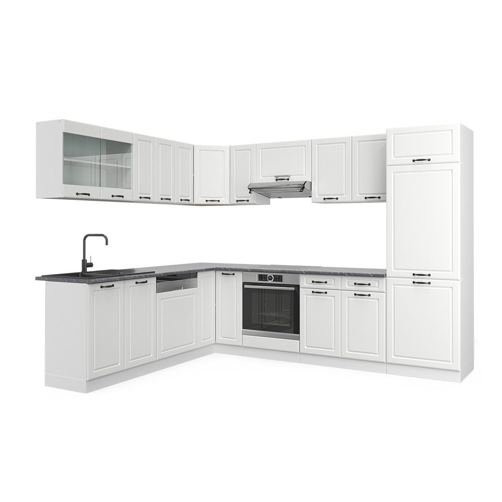 Vicco Winkelküche R-Line, Weiß Landhaus/Weiß, Ohne Arbeitsplatten