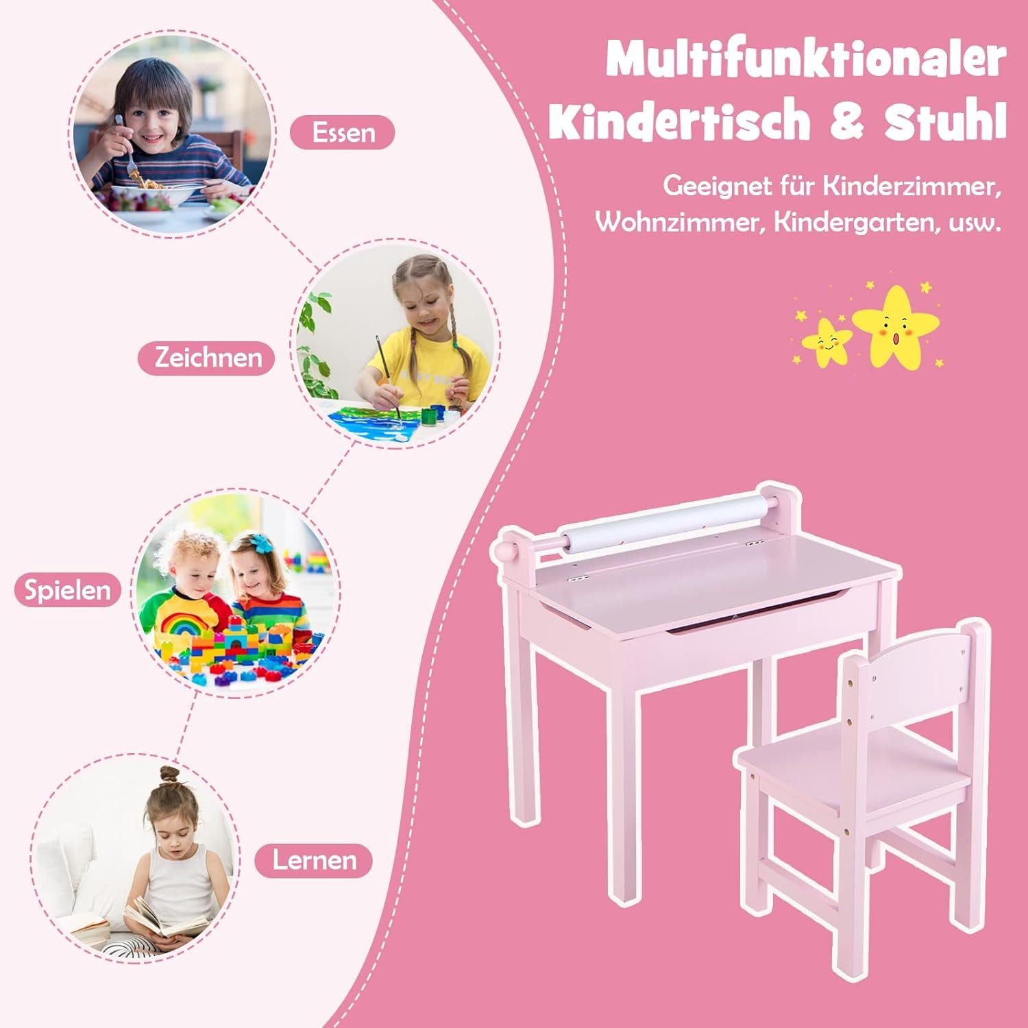 KOMFOTTEU Kindertisch mit rosa Spielen Stuhl, Kindersitzgruppe, Essen Malen zum aufklappbare