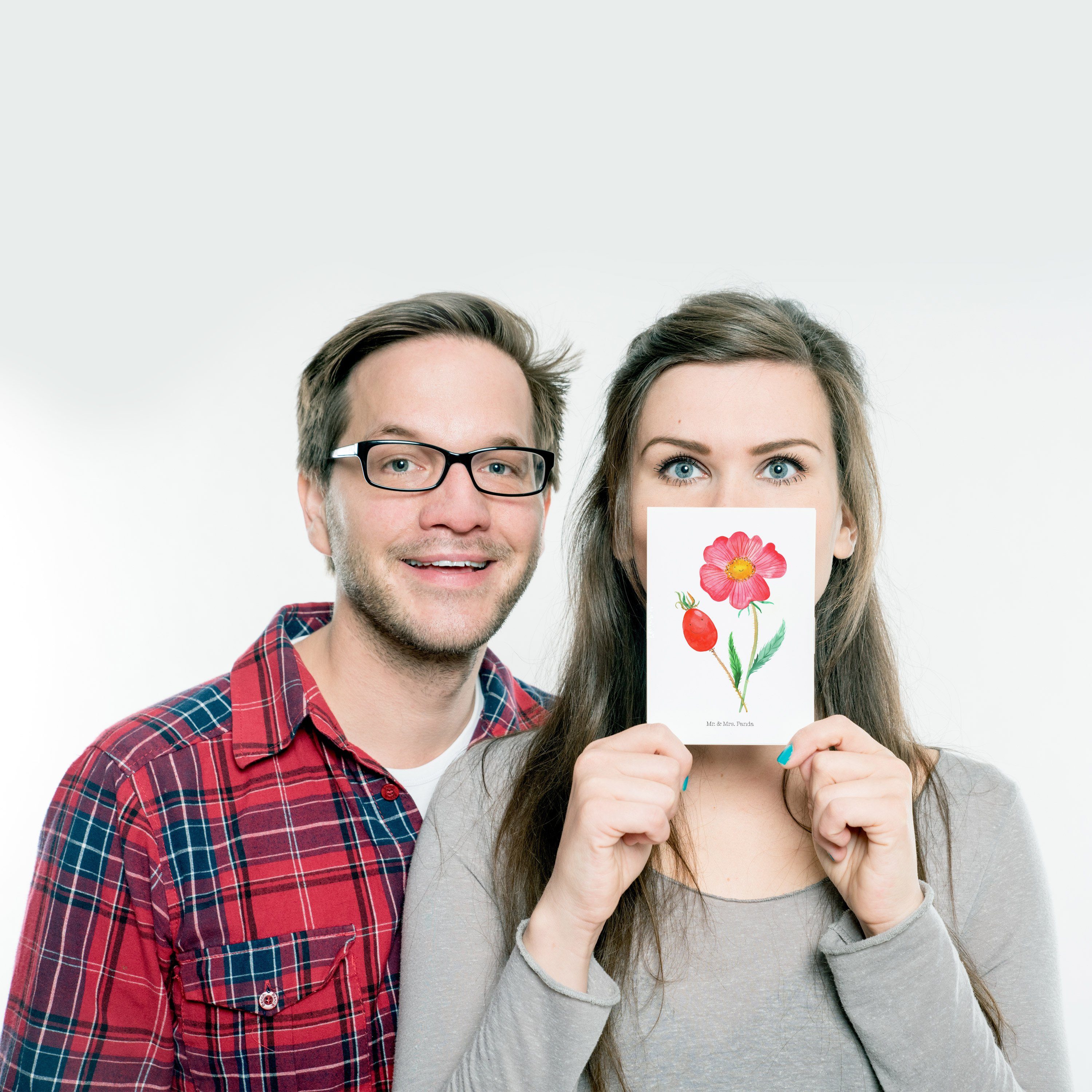 Mr. & Mrs. Panda Lebensfreu Weiß Blume, Frühlings Postkarte Geschenk, - Hagebutte Deko, Karte, 