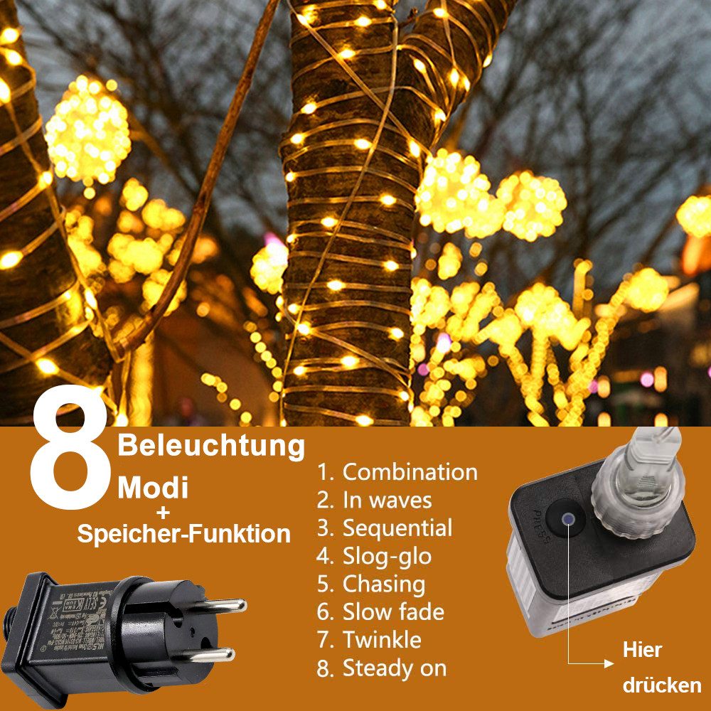 Rosnek LED-Lichterkette 20M-100M,Beleuchtung Lichterschlauch, Party Garten weihnachten Deko, 8 Modi, Speicherfunktion