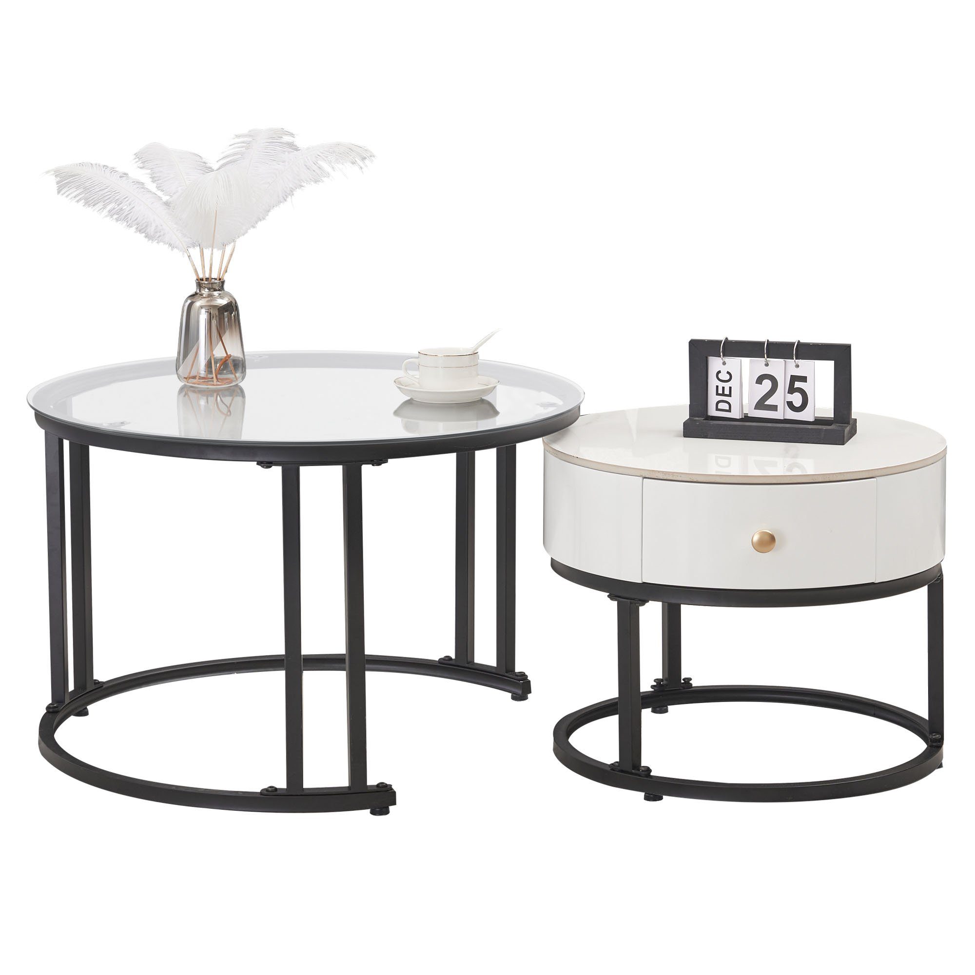 Schublade, 2er (2-St), und Marmor-Tischplatte mit Couchtisch Glasplatte Beistelltisch Set und mit Metallrahmen Merax Satztisch