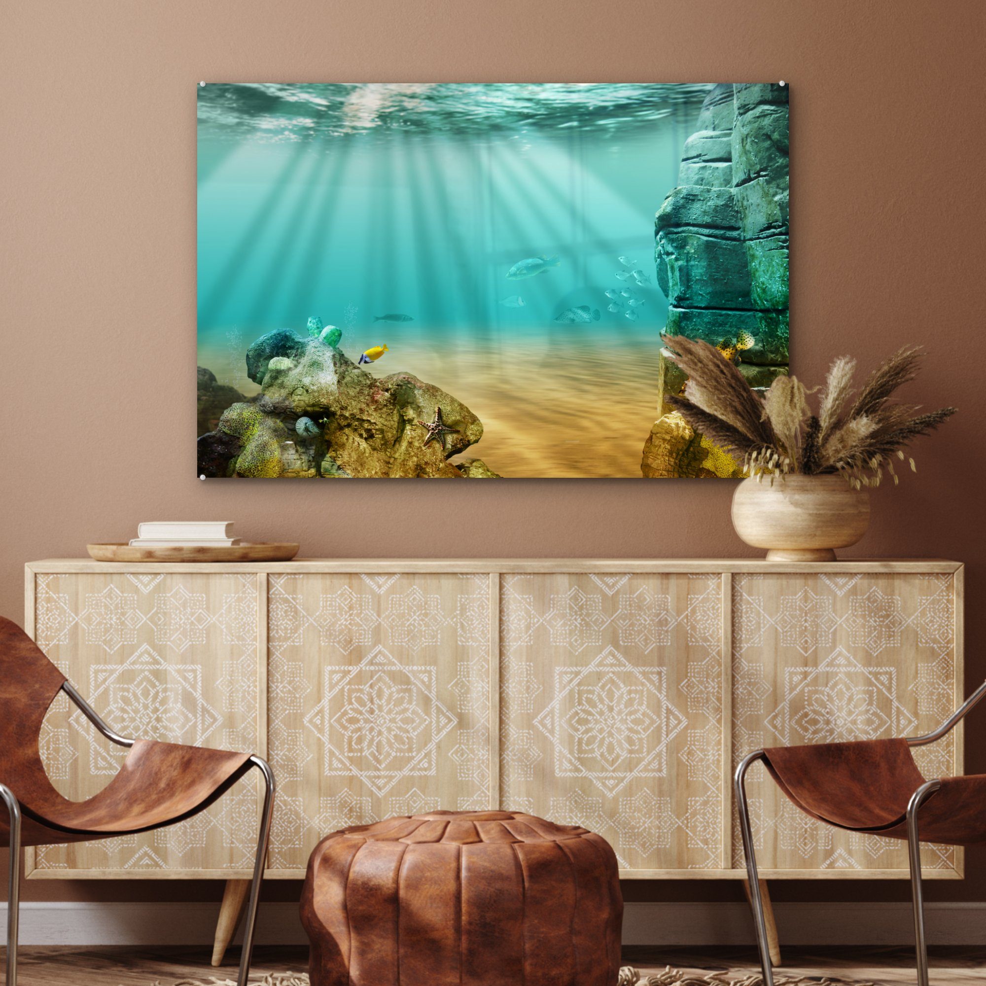 unter MuchoWow dem & Wohnzimmer Acrylglasbilder leuchten Acrylglasbild Meer, Schlafzimmer St), Sonnenstrahlen (1