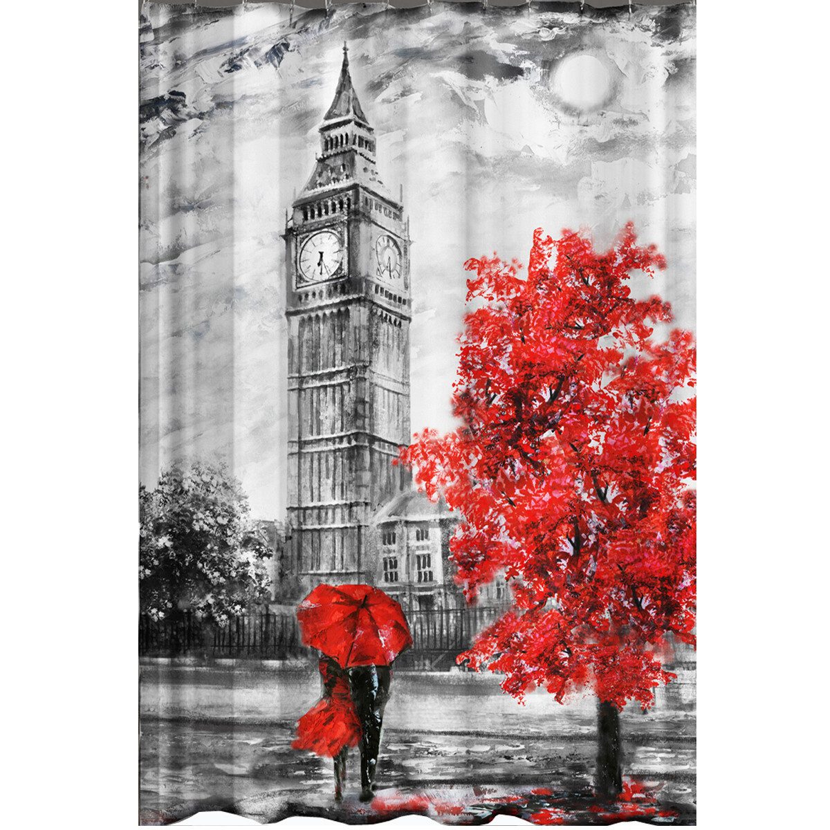 Ekershop Duschvorhang Textil Digitaldruck LONDON BIG BEN Rot Schwarz für Duschstange Breite 120 cm (Inkl. Ringe), Höhe 200 cm, wasserabweisend, waschbar, bügelbar
