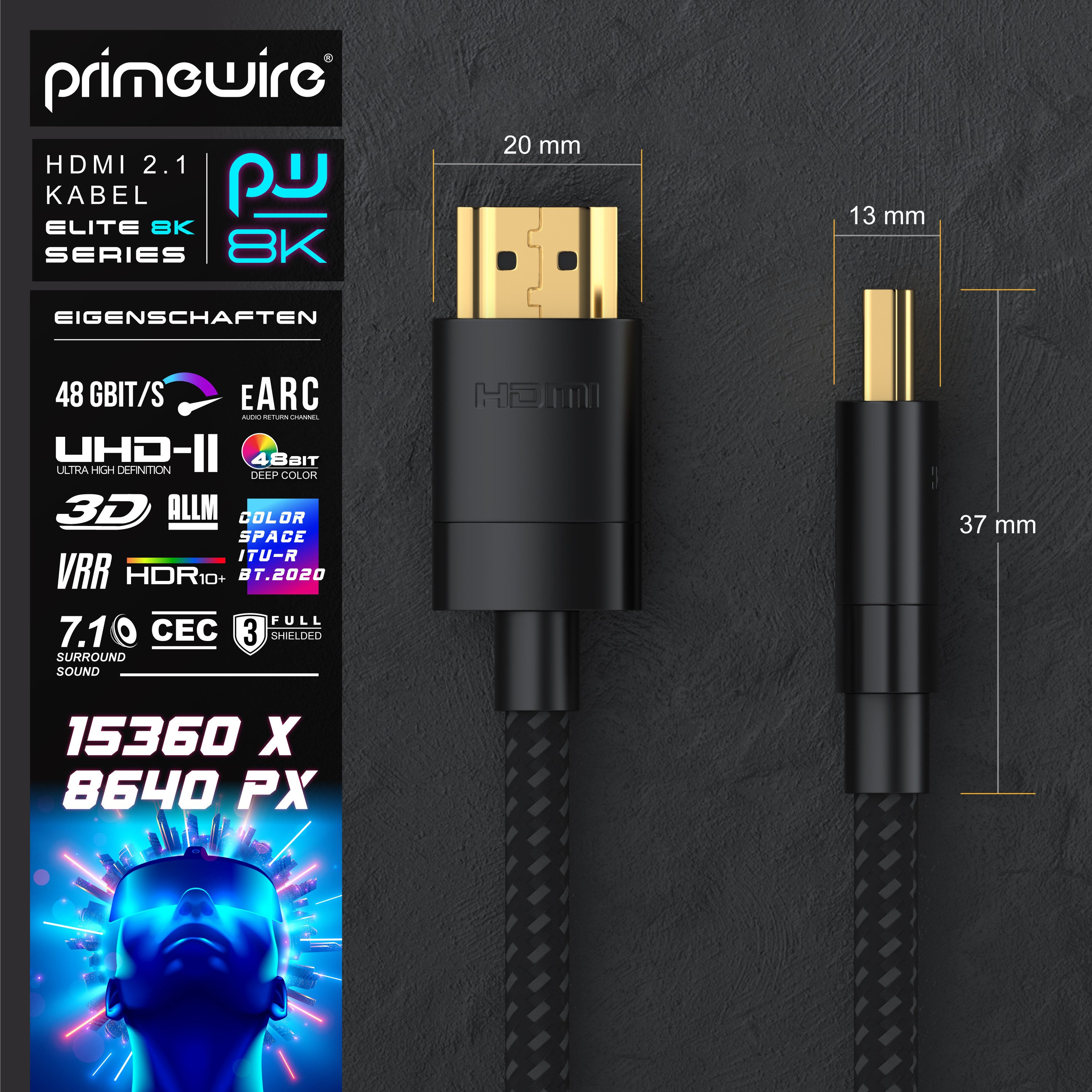 Primewire 16k HDMI Kabel 2.1+, 16k@30Hz 8k@60Hz 4k@120Hz, UHD II, HDMI-Kabel, 2.1, HDMI Typ A (50 cm), Ultra High Speed Ethernet 48Gbps, HDR 10+ eARC 3D VRR, 0,5m