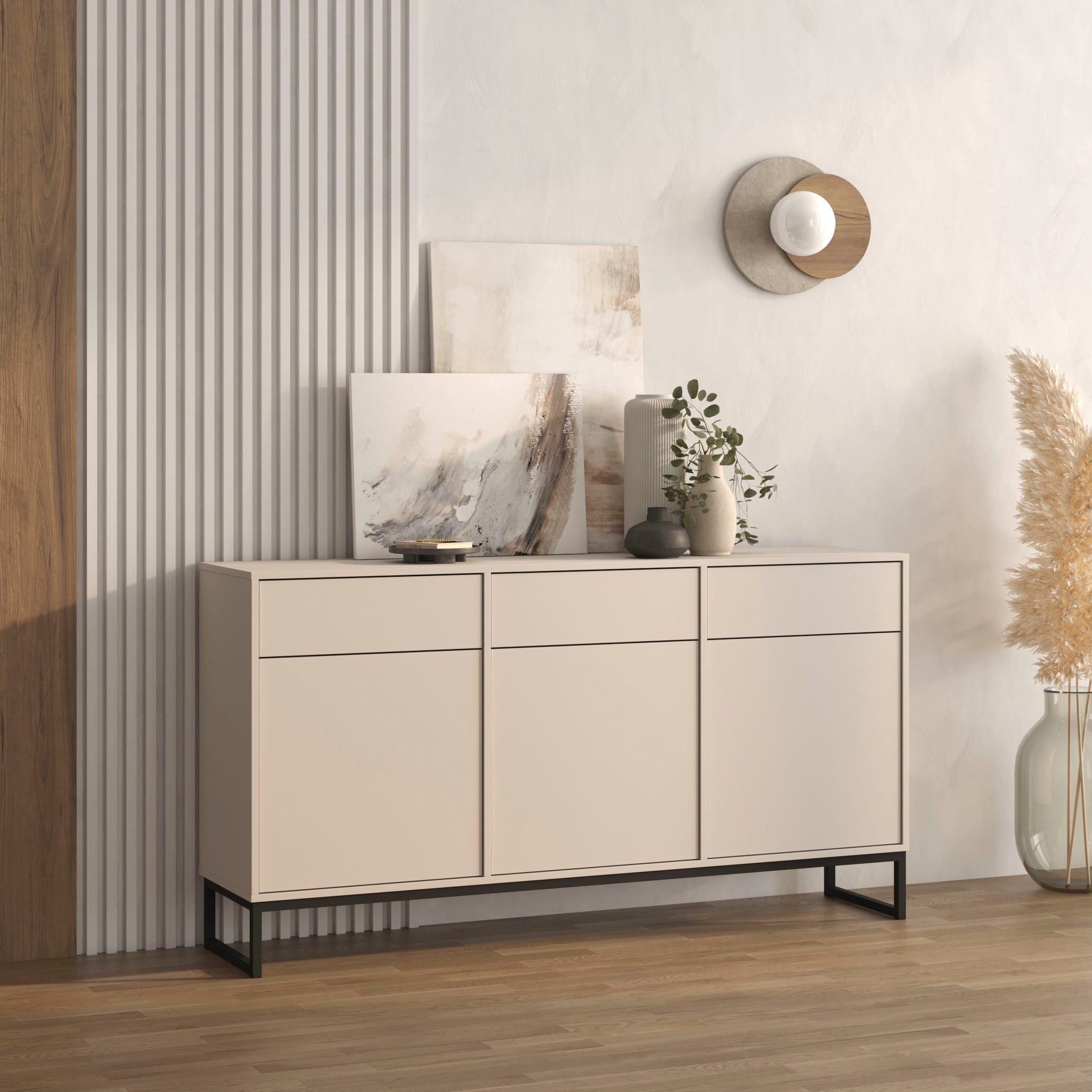 OTTO home Sideboard Loft, Breite 157 cm, grifflose Kommode 3 Türen/3 Schubkästen., Schubladenschrank mit viel Stauraum, Einlegeböden verstellbar