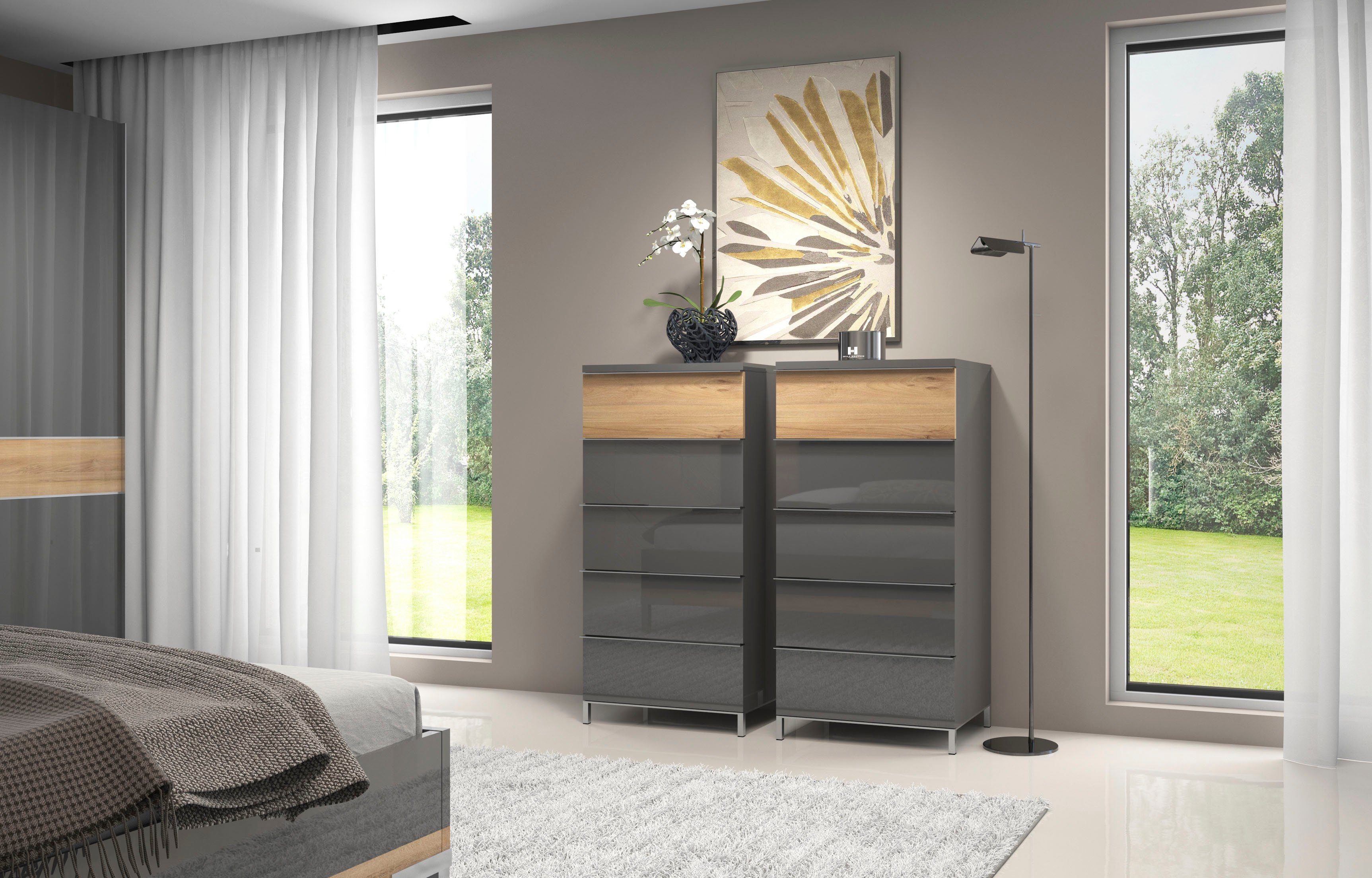 OTTO home Highboard Onyx, hohe Kommode mit 5 Schubladen, UV Lackierung Hochglanz (FSC®-zertifizierter Holzwerkstoff; Made in Europe), Schubkastenkommode mit Soft-Close-Funktion, Maße (B/T/H) 60/45/123cm