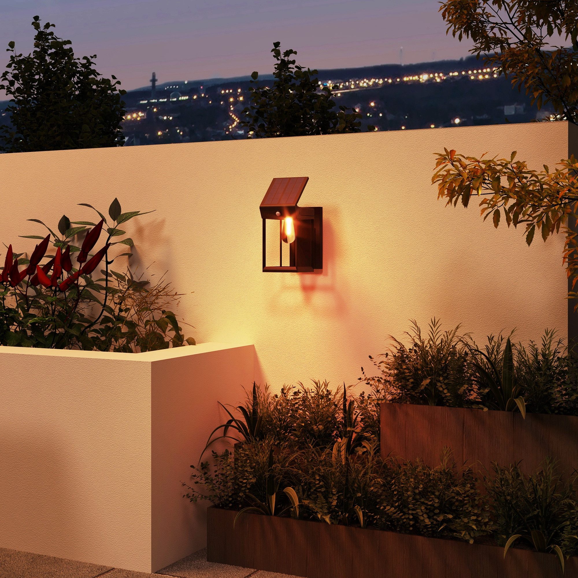 Outsunny Außen-Wandleuchte LED Außenleuchte Gartenleuchte mit Warmweißes Licht, Lichtsensor, Bewegungssensor, Einstellbare Helligkeit, Wetterfest, LED, Warmweiß, für Garten, Terrasse, Schwarz