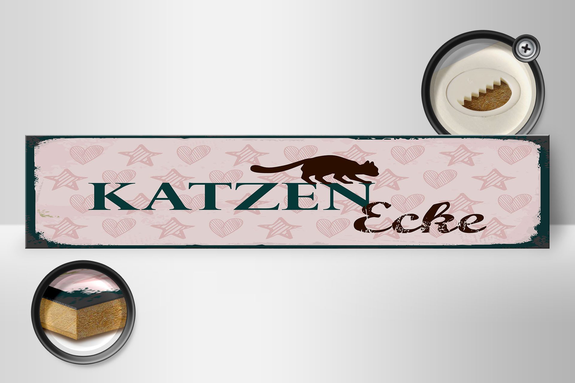 Femer GmbH Holzbild Hinweis 46x10 cm Katzen Ecke, (1 St), Glatte Holzfaserplatte (MDF), vorn beschichtet