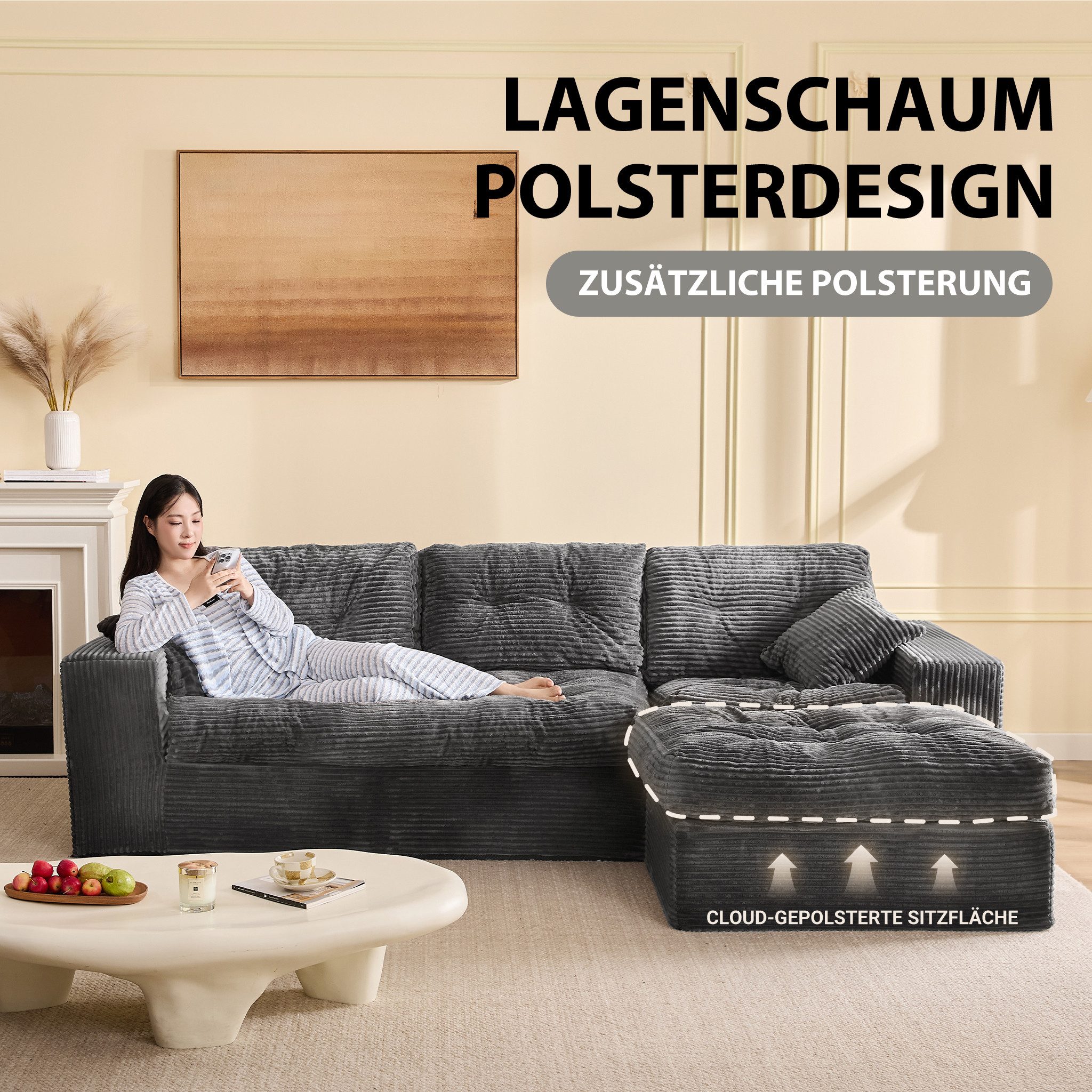 LITBIRD Ecksofa 3-Sitzer Sofa mit Marshmallow-Softpolster & Modulares Recamiere Sofa, 1 Teile, Cordstoff Schlafsofa & Relaxsofa, Wohnzimmer Sofa